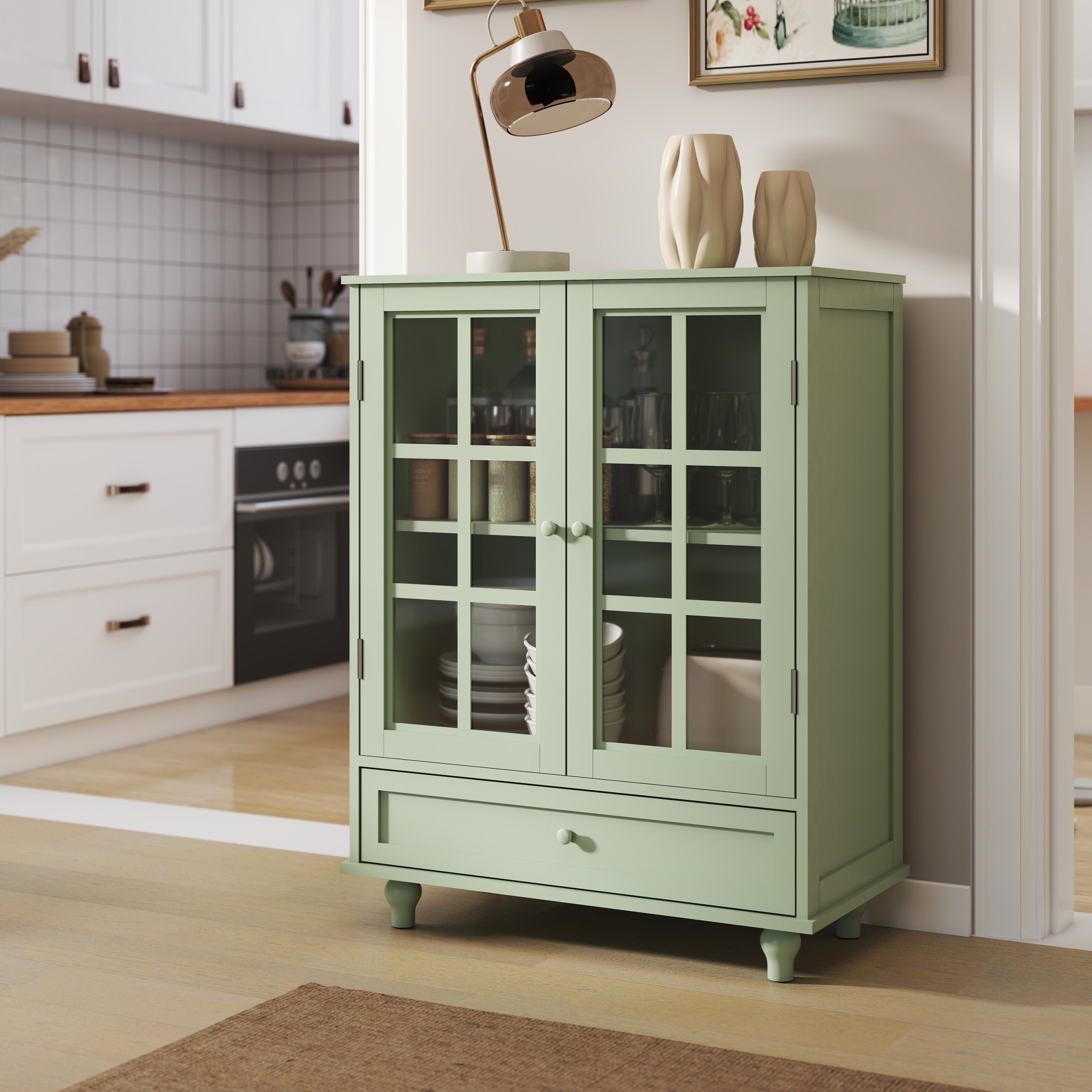 Minimalism Buffet Cabinet with Double Glass Doors and Drawer Mint Green