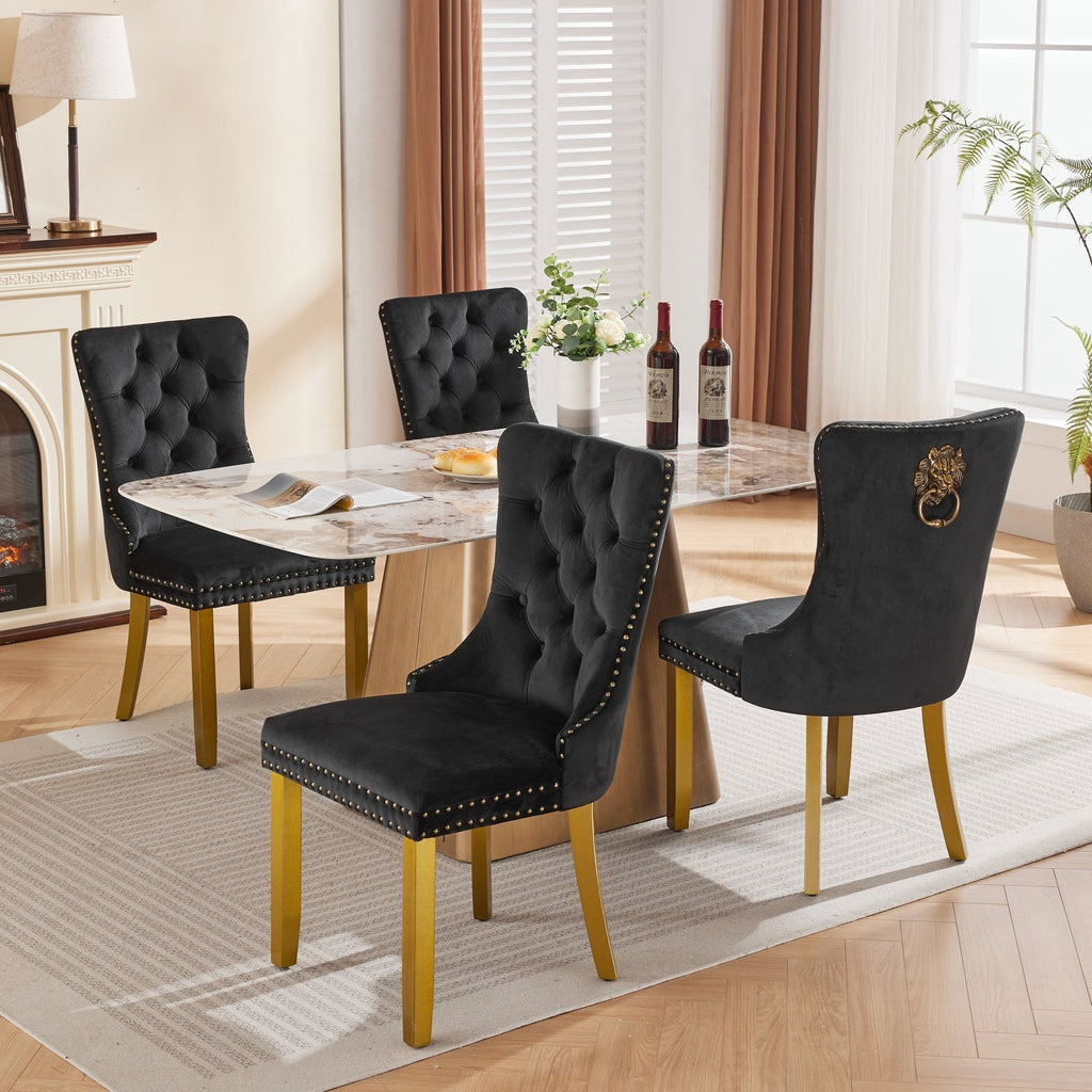 Mid-Century Velvet Dining Chairs with Lion Head Pull Ring (Set of 2)