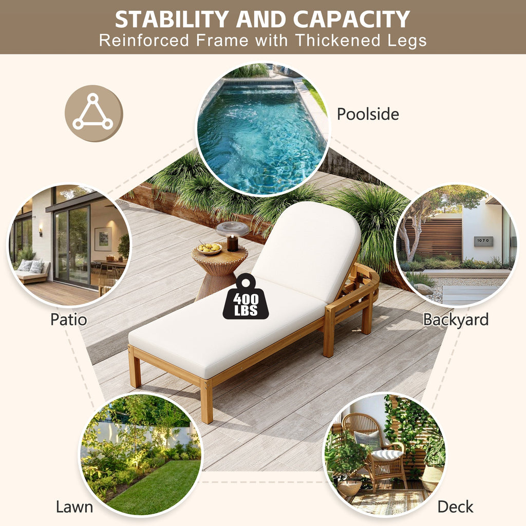 Acacia Wood Chaise Lounge Chairs 5-Position Adjustable Backrest for Patio Poolside