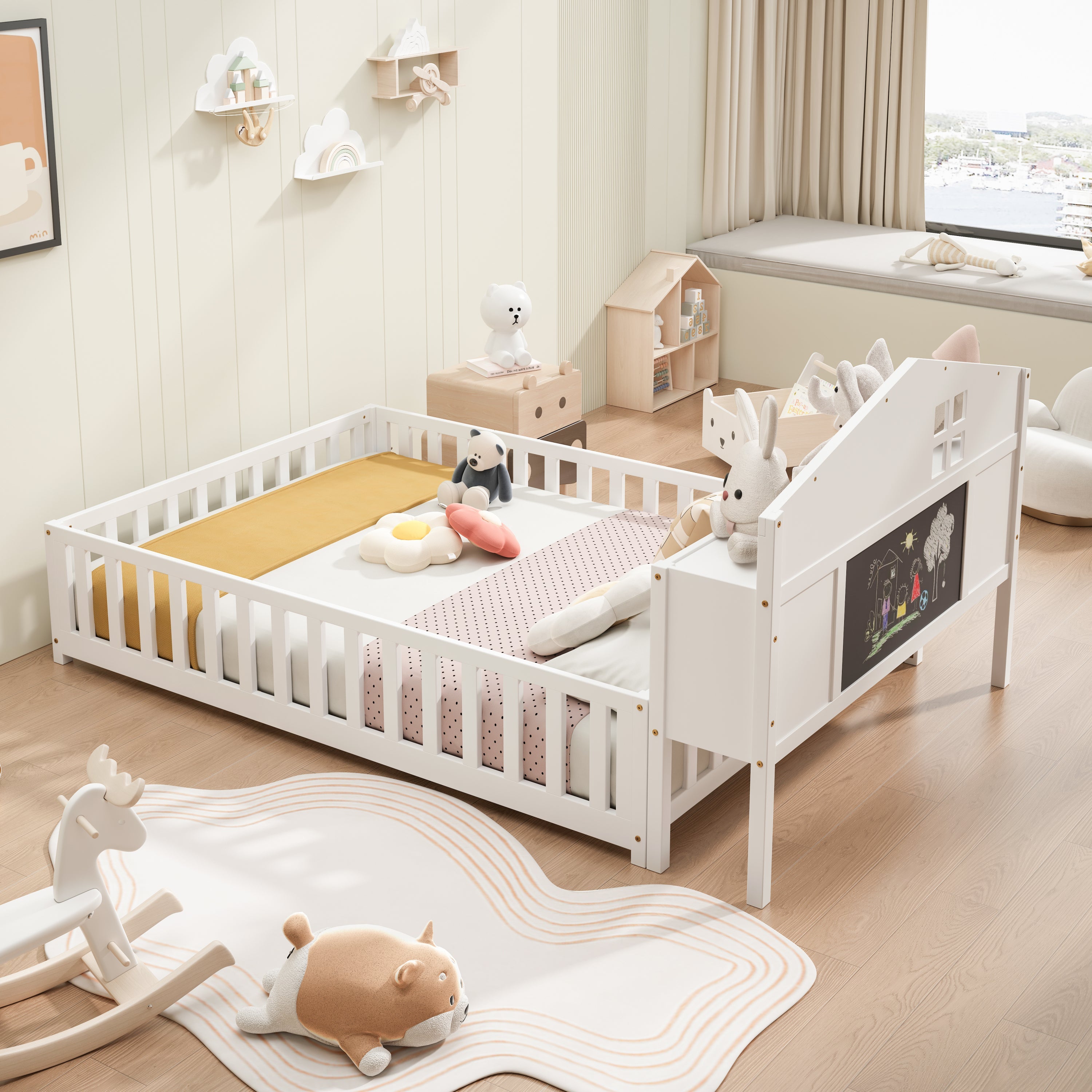 Full-size Montessori Floor Bed with Bookcases and Blackboards