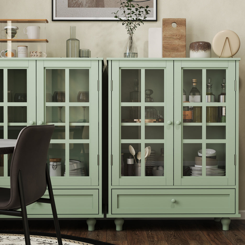 Minimalism Buffet Cabinet with Double Glass Doors and Drawer Mint Green