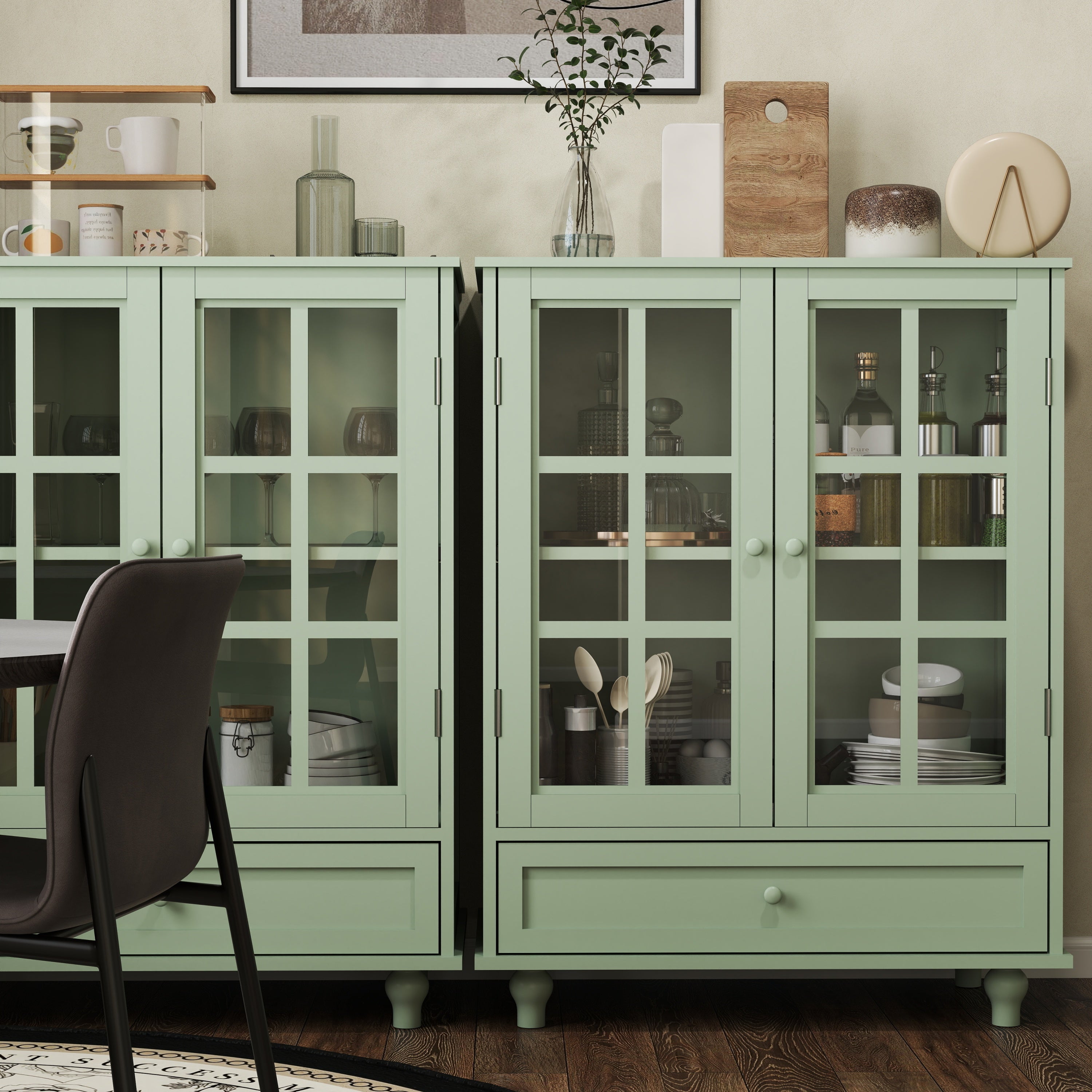 Minimalism Buffet Cabinet with Double Glass Doors and Drawer Mint Green