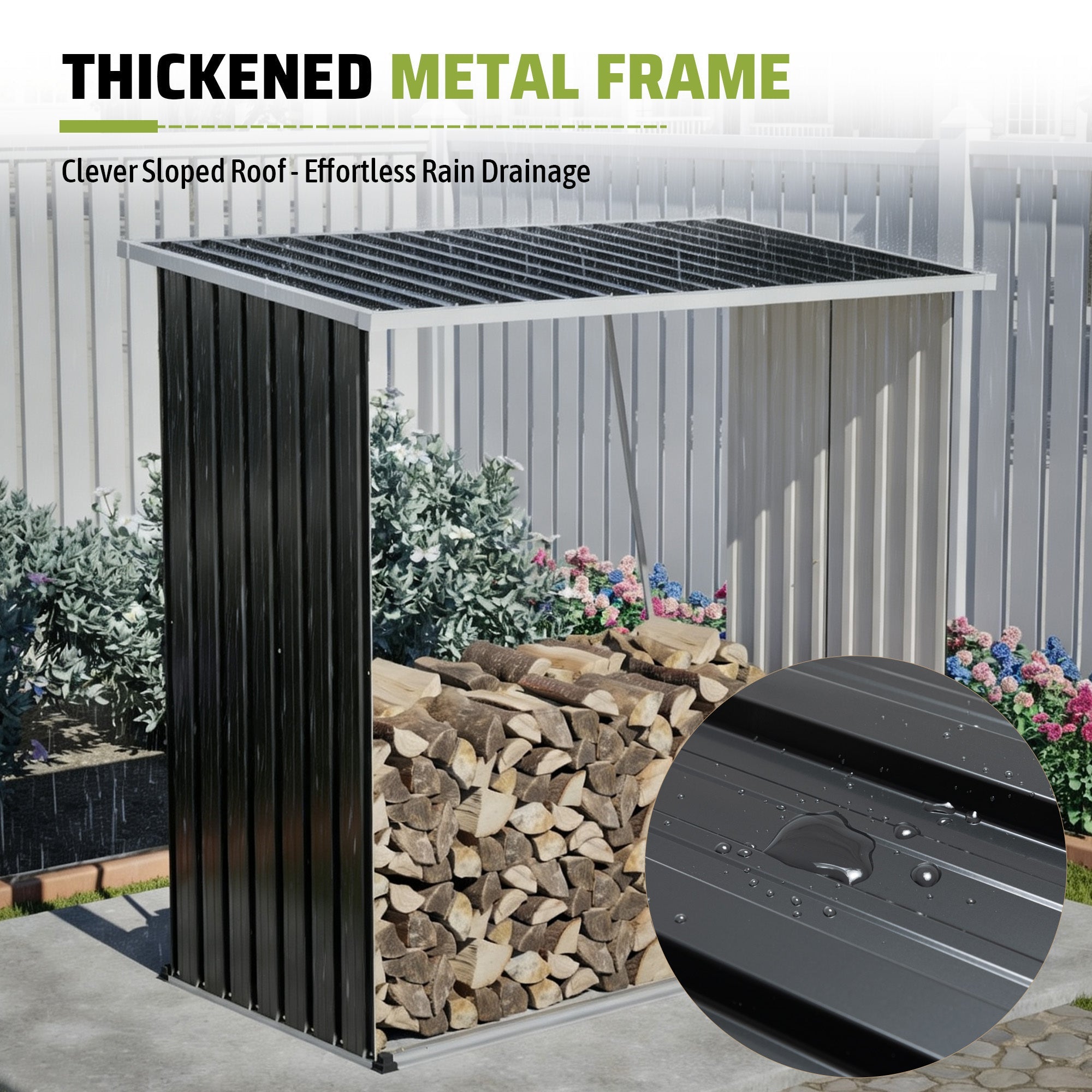 Outdoor Metal Storage Shed 62 Cu Ft Firewood Rack Patio Organizer Sloped Roof Weatherproof