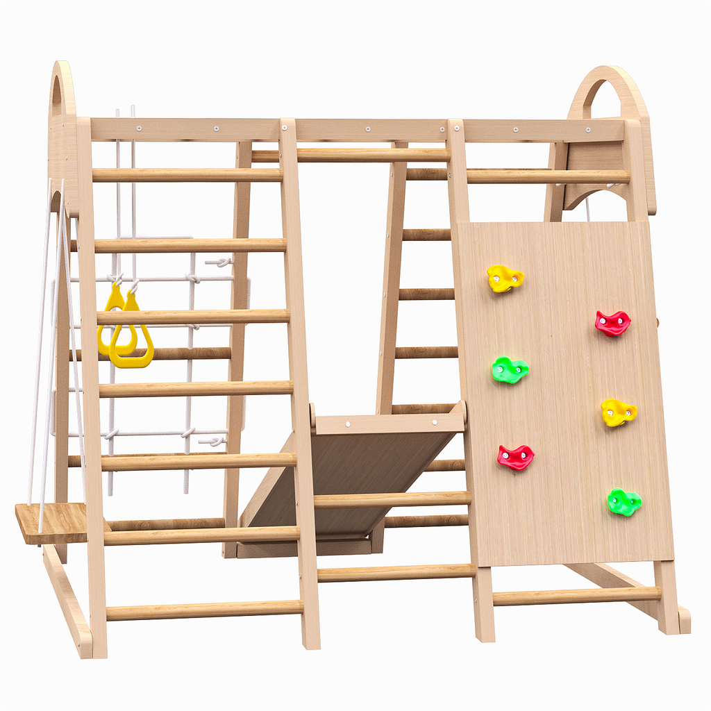 7 in 1 Indoor Playground Wood Jungle Gym Kids Slide Swing Climbing Wall Toy