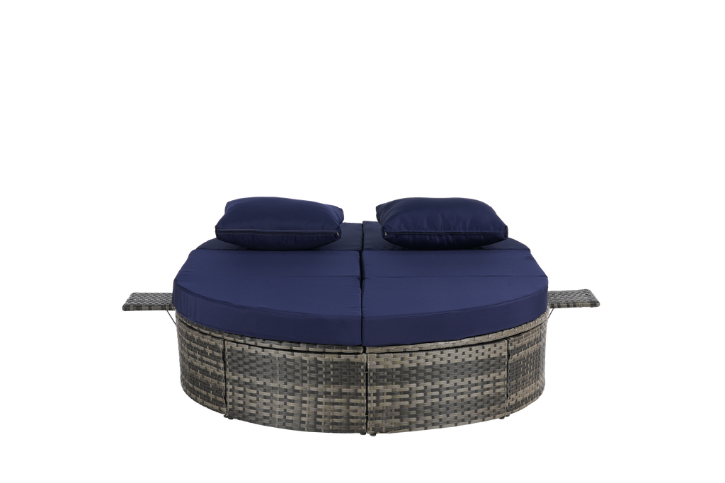 Round outdoor patio daybed with adjustable backrests foldable cup trays and cushioned wicker design ideal for backyard and poolside lounging