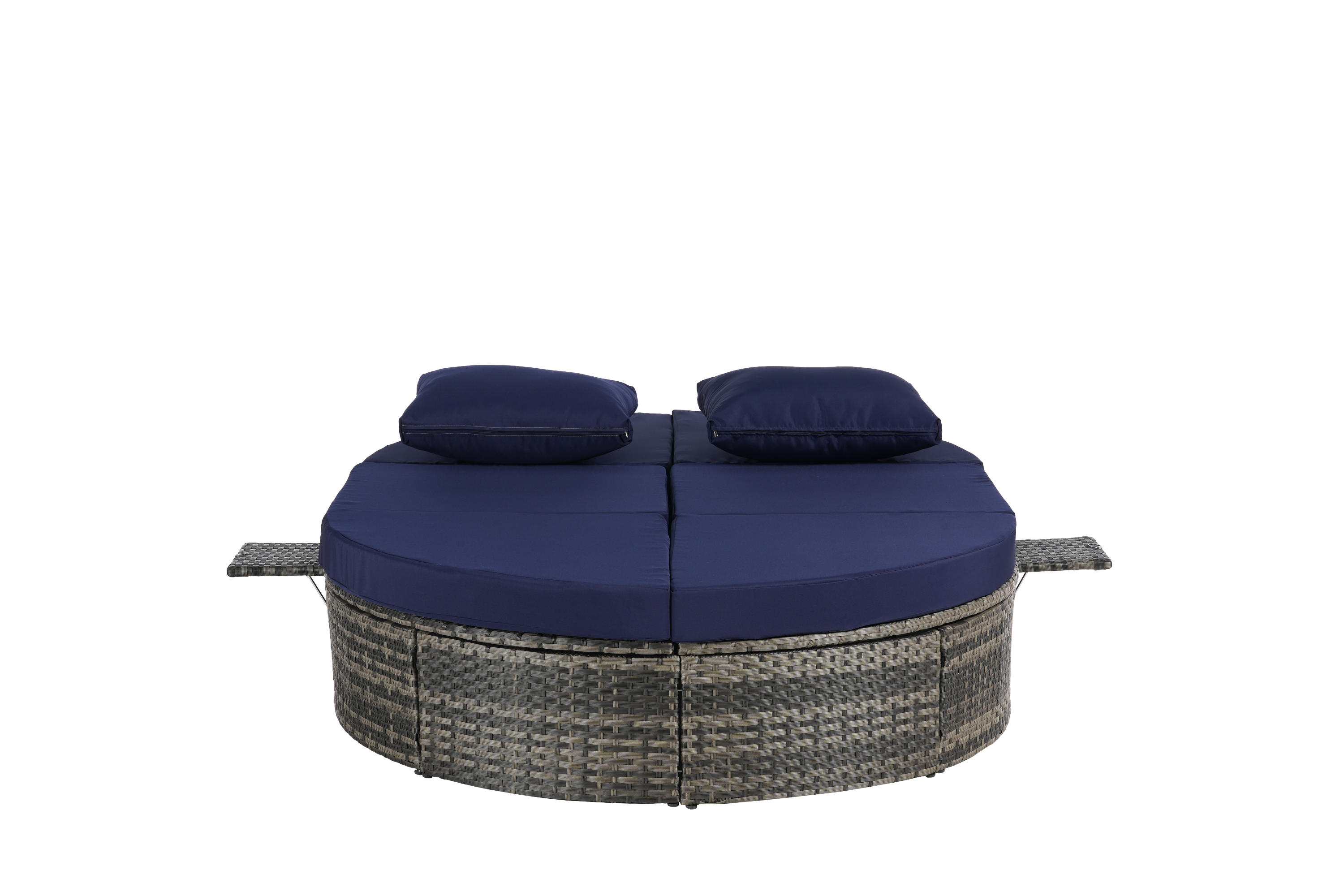 Round outdoor patio daybed with adjustable backrests foldable cup trays and cushioned wicker design ideal for backyard and poolside lounging