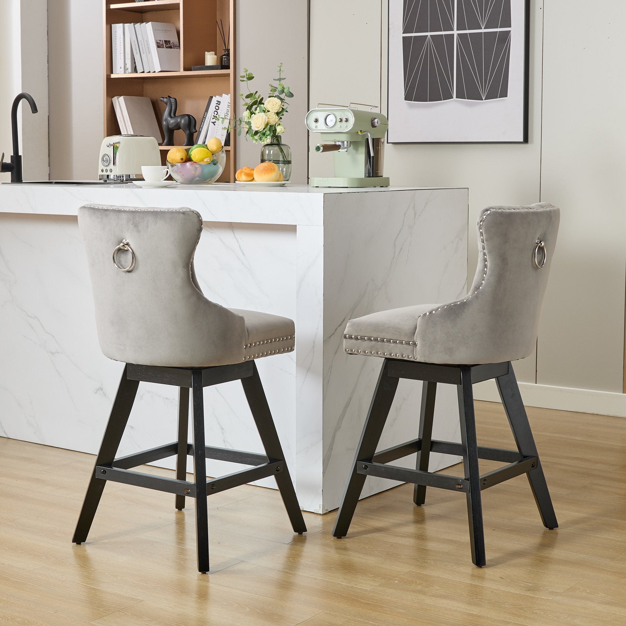 Swivel Velvet Barstools with Button Tufted Decoration (Set of 2)