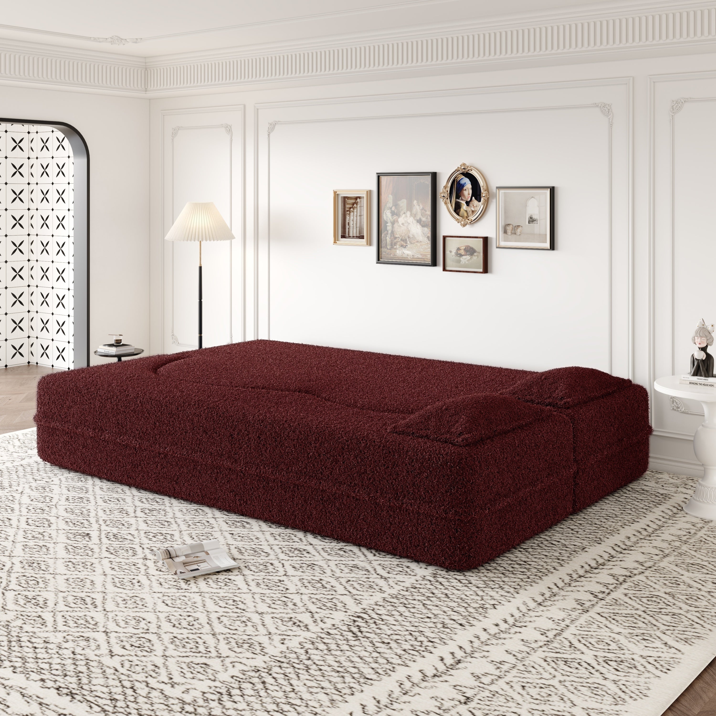 Modern Convertible Teddy Fabric Sofa with 2 Pillows