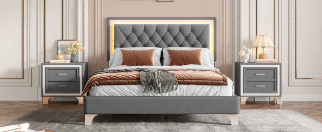 Queen Size Upholstered Bed Frame with LED Lights