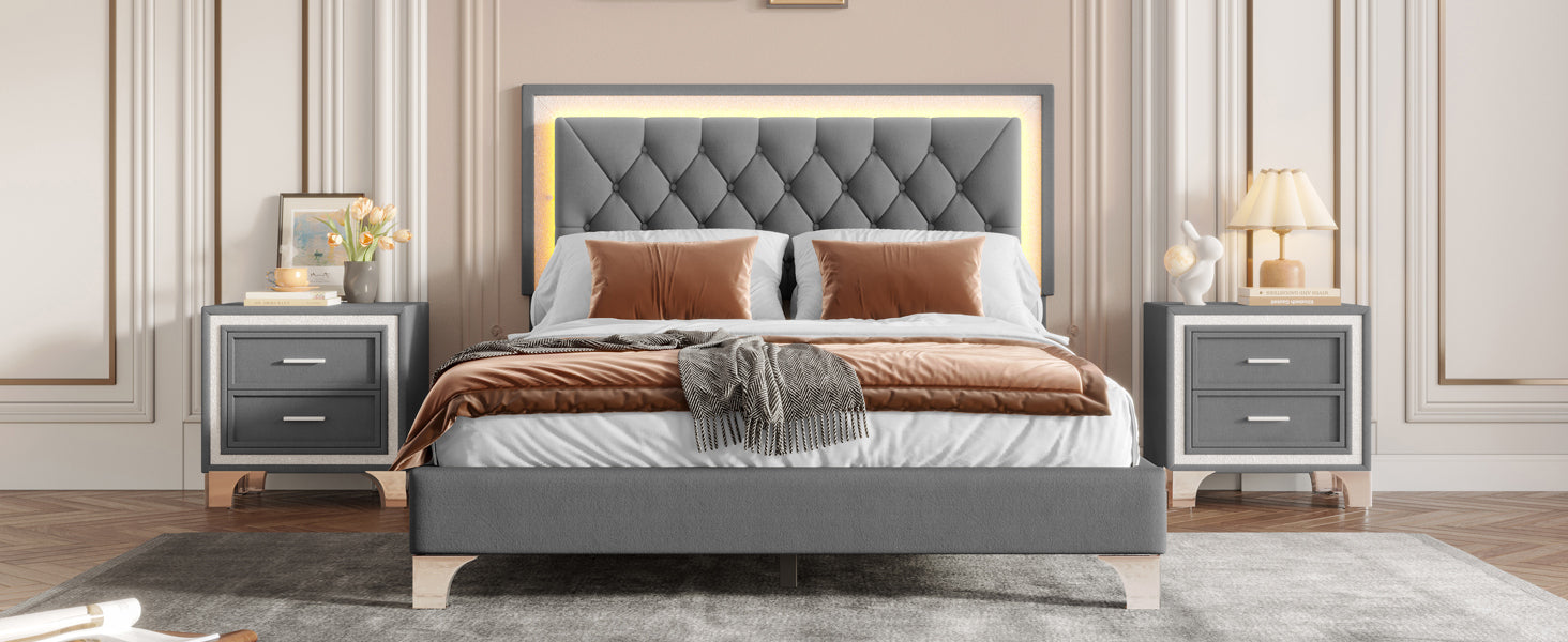 Queen Size Upholstered Bed Frame with LED Lights
