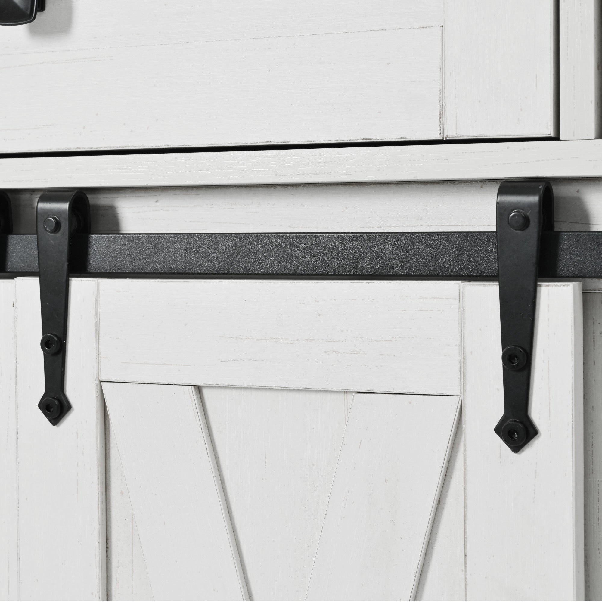 58“ Farmhouse Kitchen Island with Storage Sliding Barn Door Metal Grid Side Door