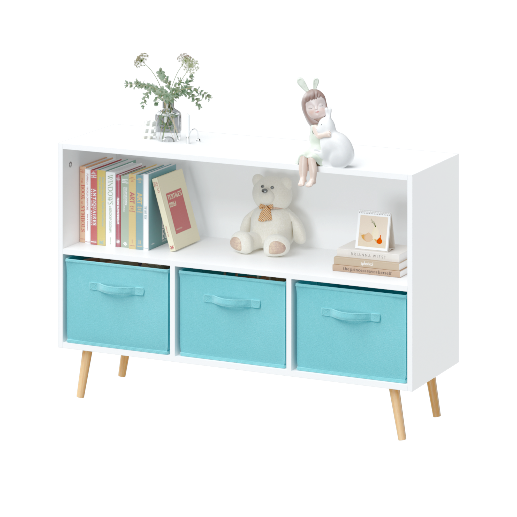 Children's Book Display Kids Bookcase with 3 Fabric Bins