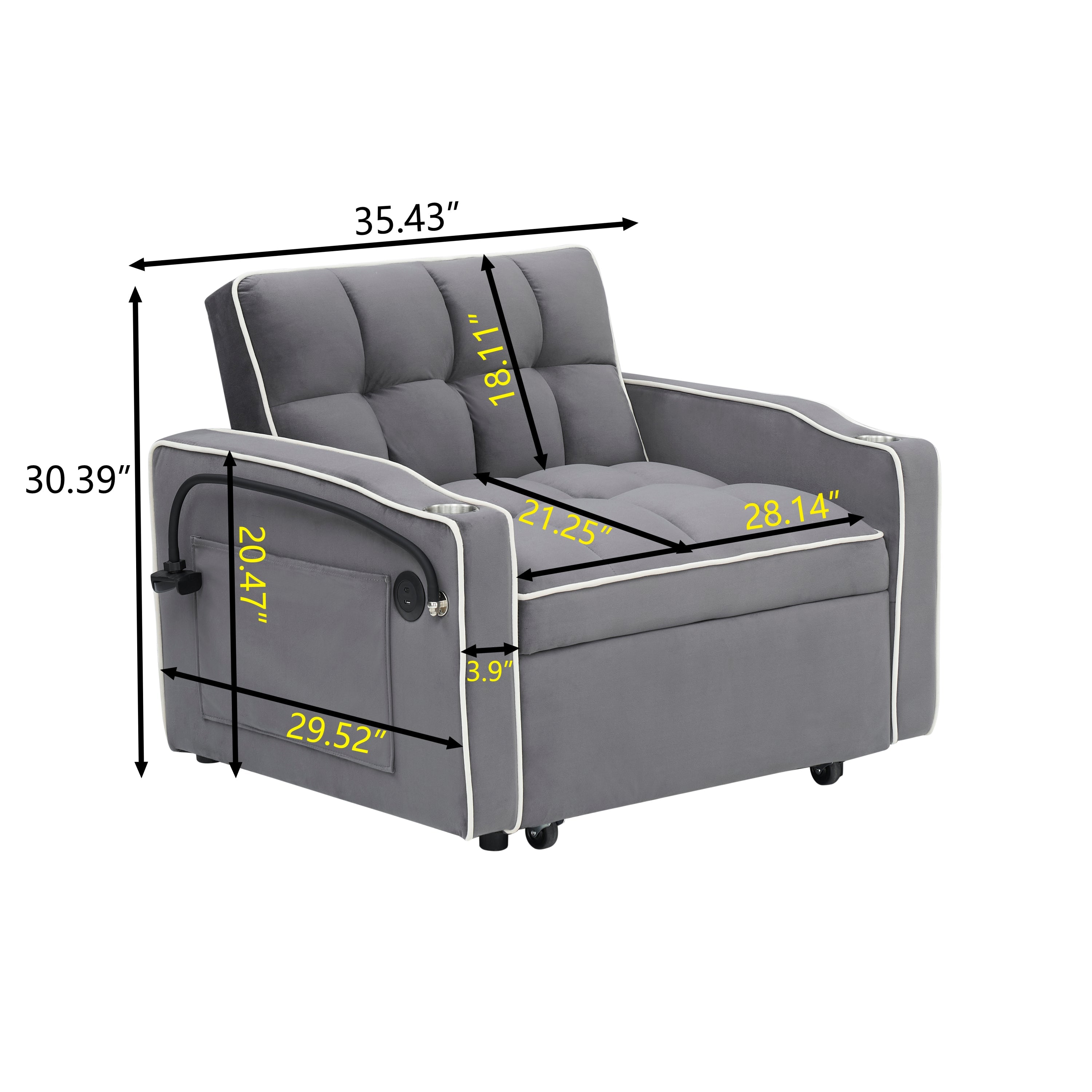 Velvet Foldable Sofa Bed Adjustable Back with USB, Ashtray & Phone Stand