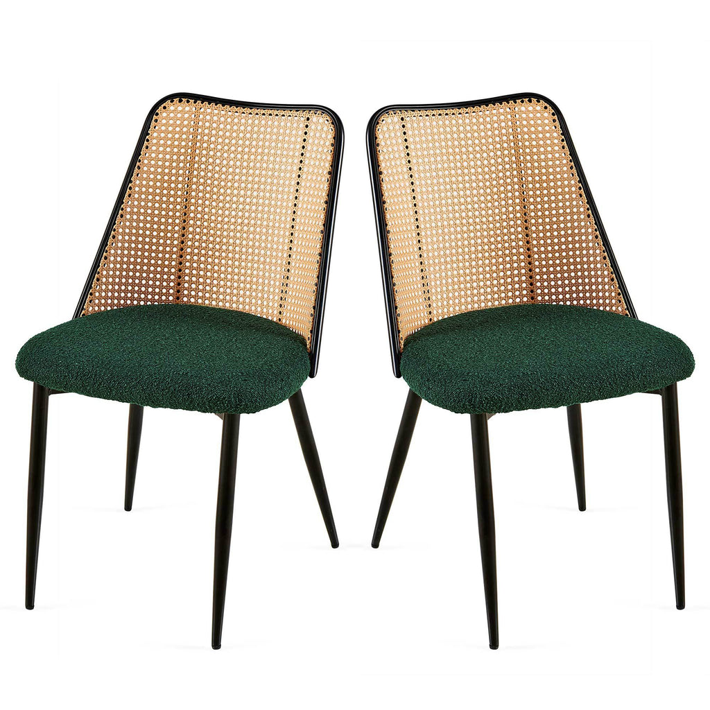 Green Rattan Boucle Dining Chairs with Natural Cane Back (Set of 2)