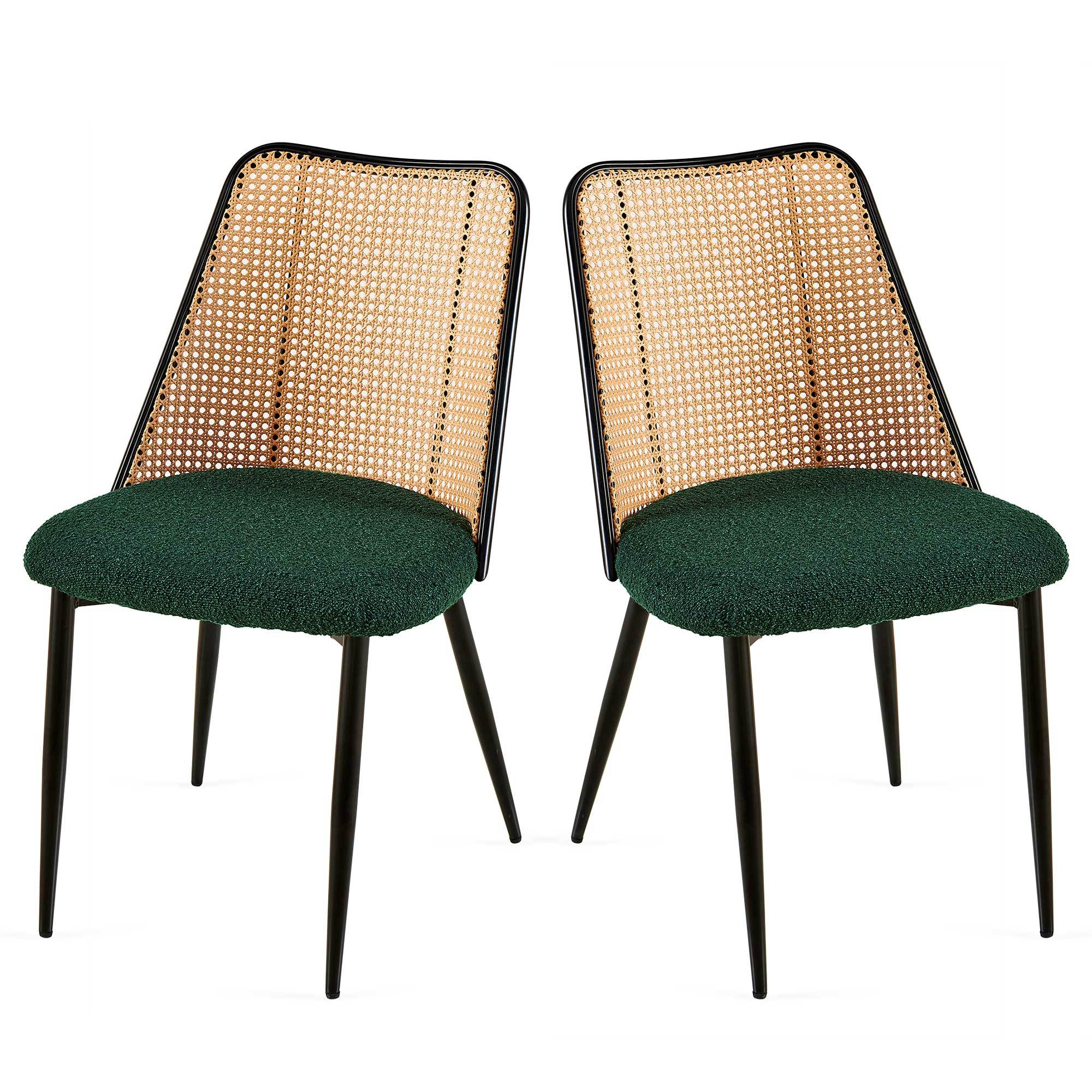 Green Rattan Boucle Dining Chairs with Natural Cane Back (Set of 2)