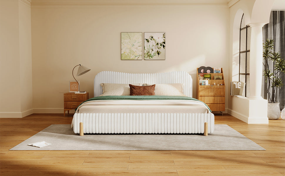 Sleek White Boucle Upholstered Bed with Wavy Headboard