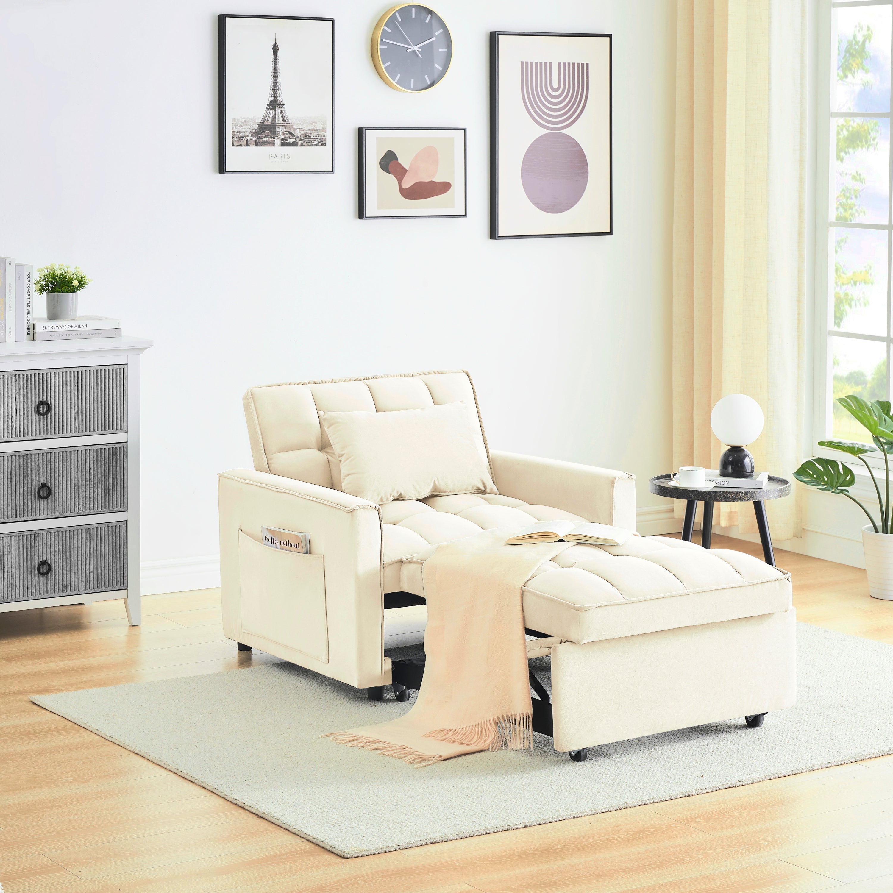Velvet Foldable Sofa Bed Adjustable Back with USB, Ashtray & Phone Stand