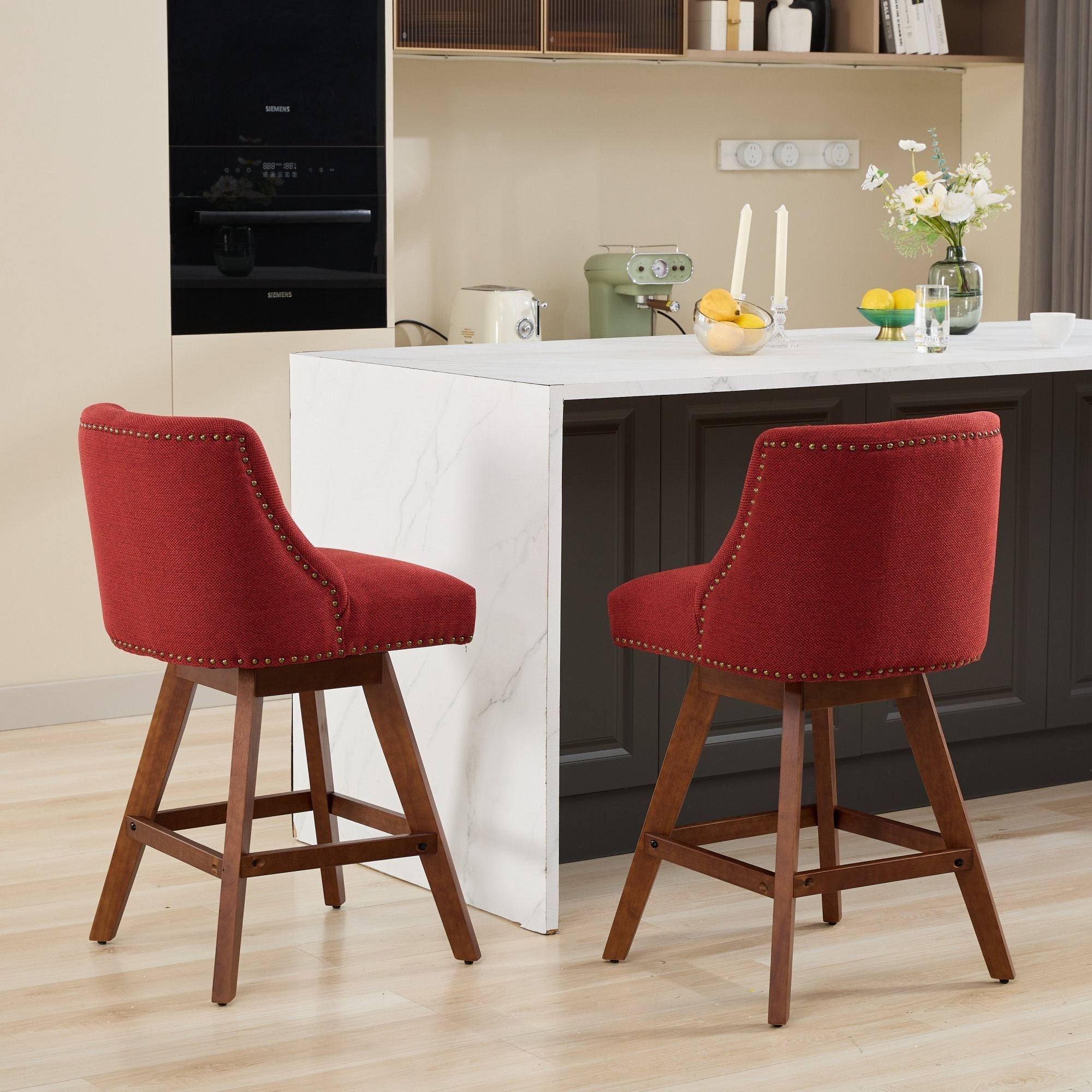 Upholstered Swivel Counter Height Bar Stools with Nailhead Trim (Set of 2)