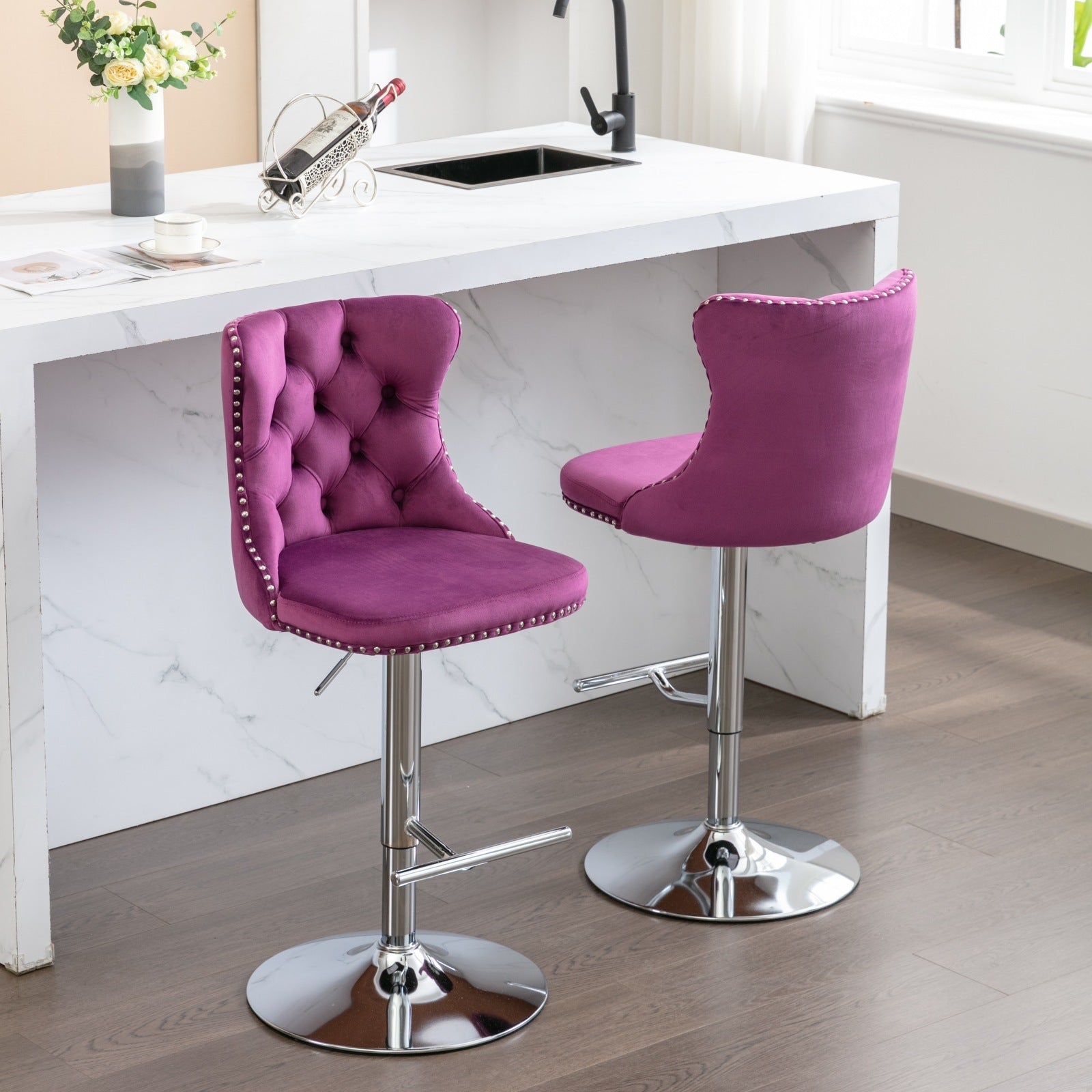 25-33 Inch Modern Velvet Swivel Barstools (Set of 2)