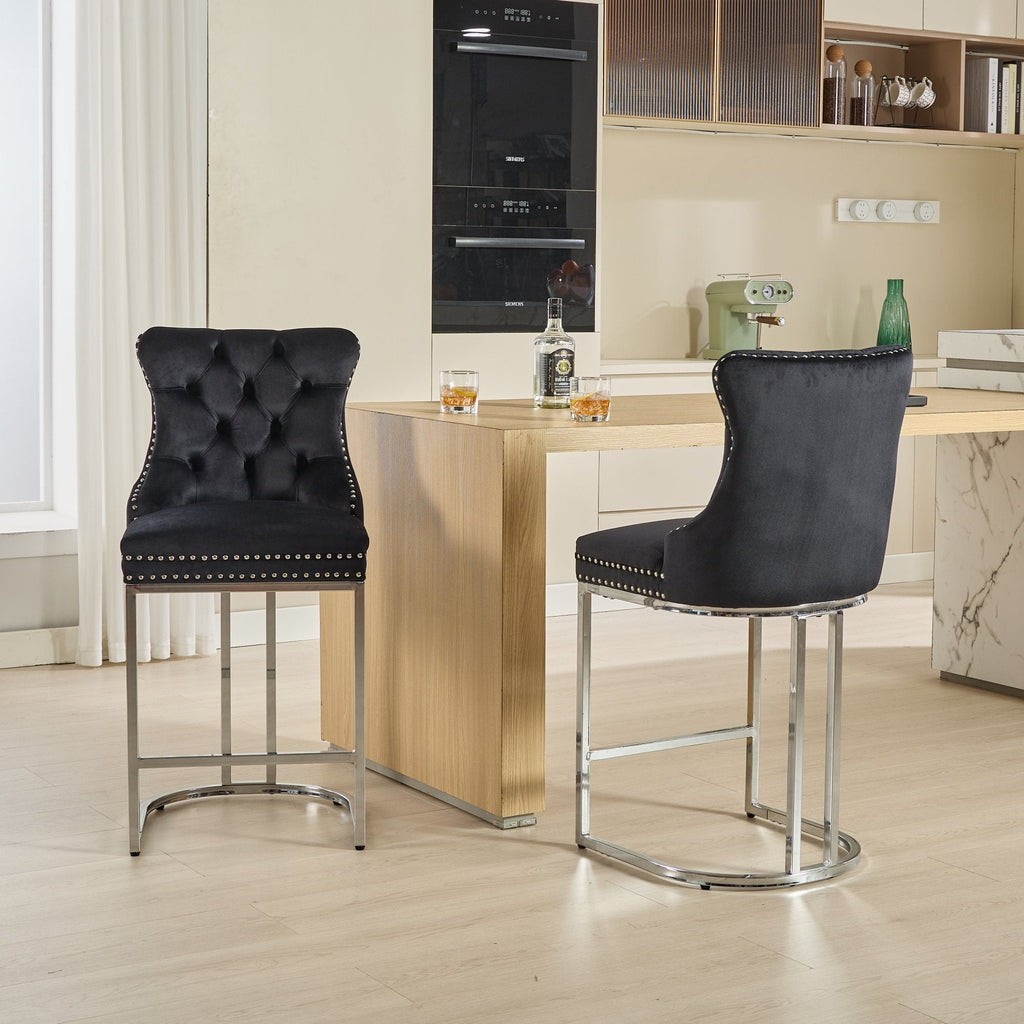 Luxury Elegant Nailhead Trim Tufted Velvet Bar Stools (Set of 2)