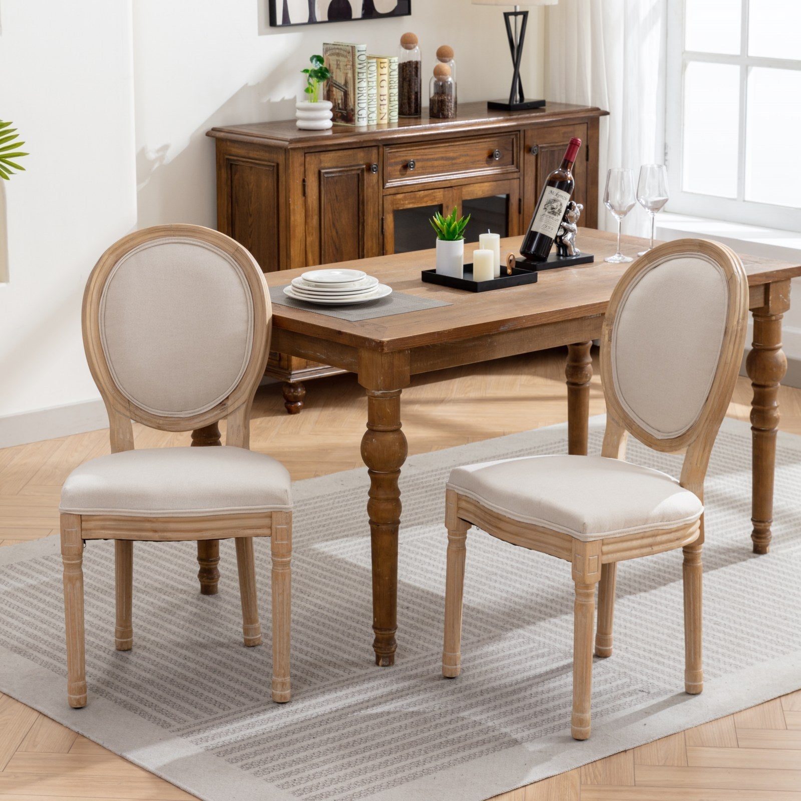 French Style Solid Wood Frame Linen Fabric Back Dining Chair (Set of 2)