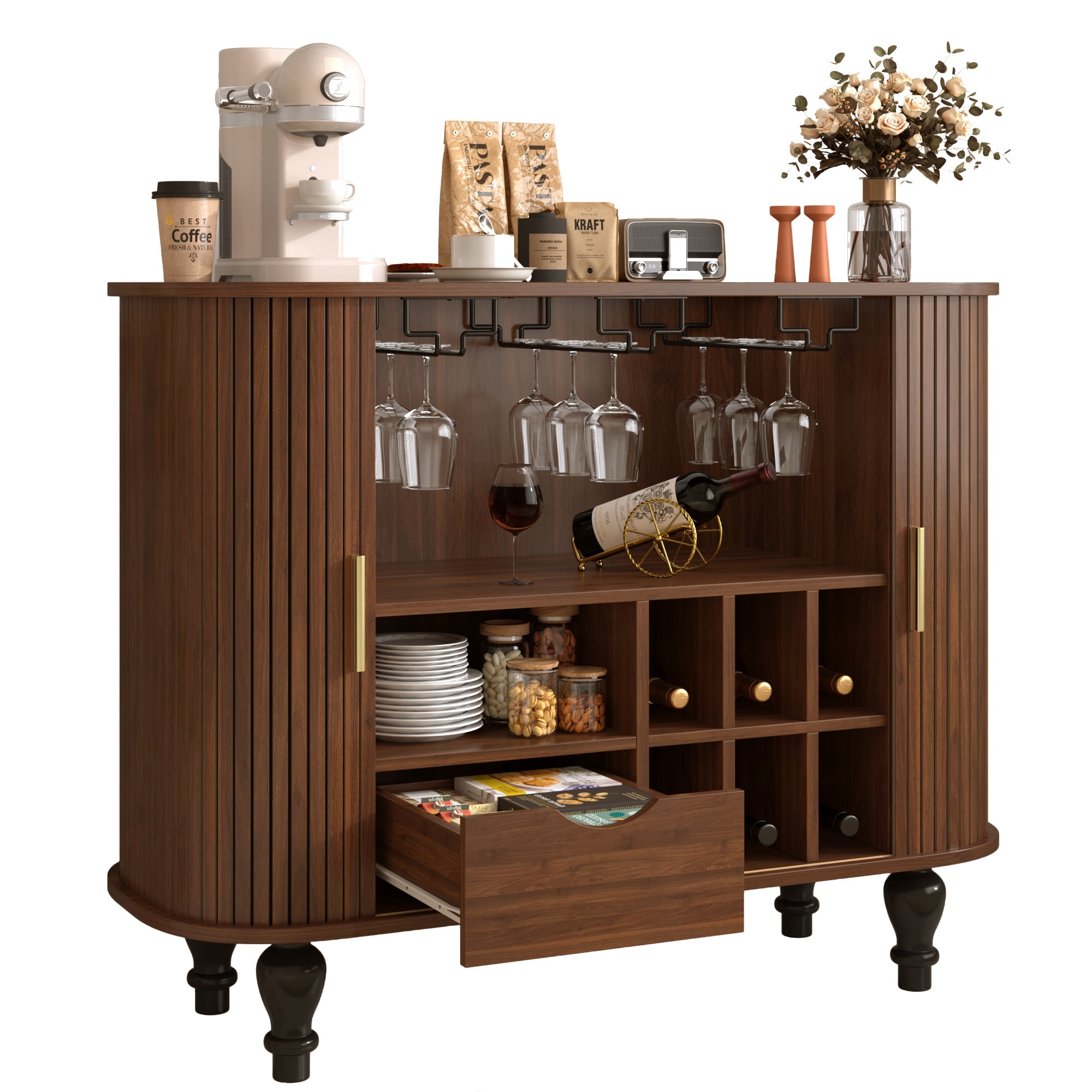 39" Fluted Liquor and Coffee Bar Cabinet with Wine Racks Glass Holders Storage