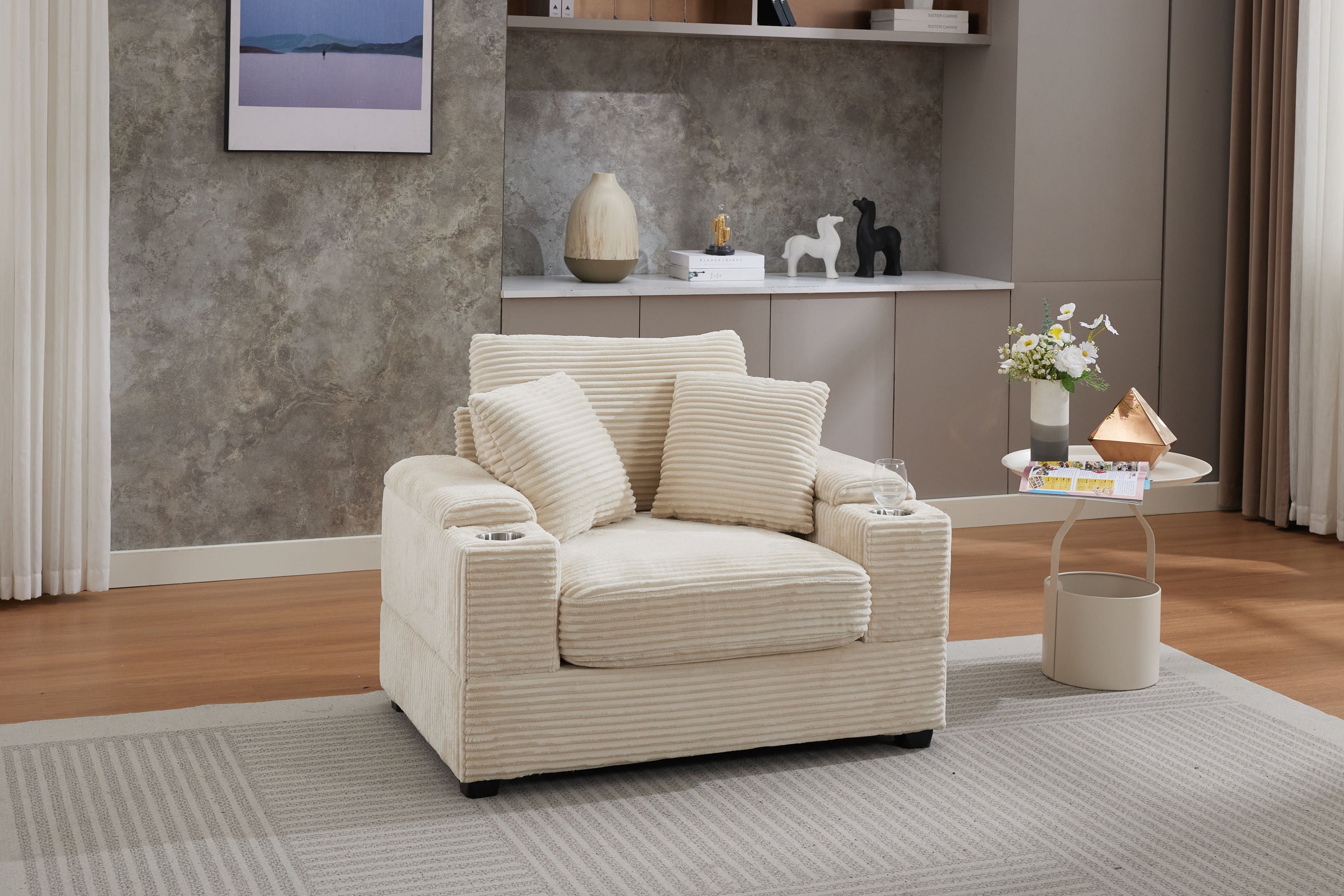 Corduroy Upholstered Chaise Lounge Sofa with Handrail Storage
