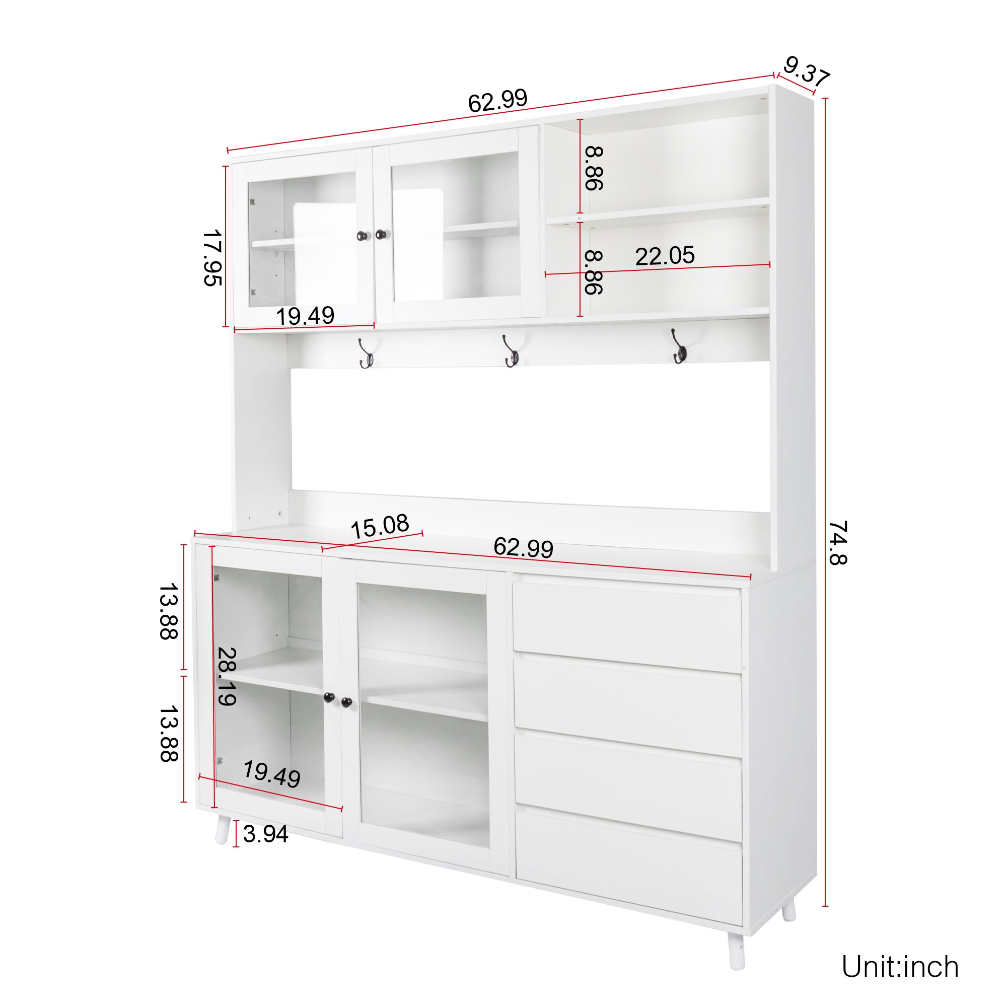 63' W Large Kitchen Hutch Cabinet