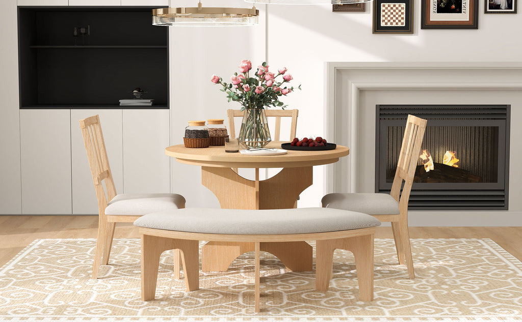 Rustic Charm Round Dining Set with 3 Upholstered Chairs