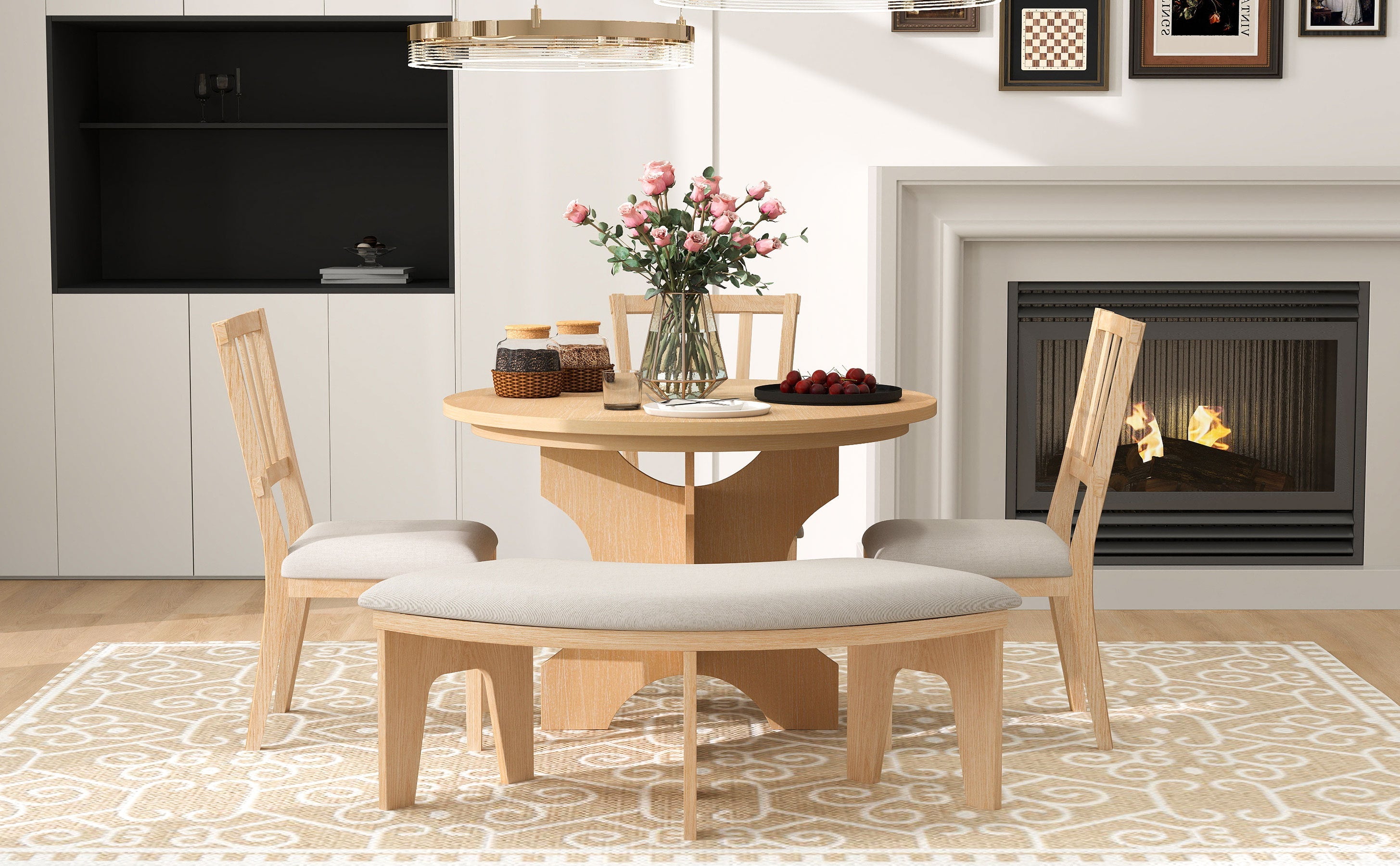 Rustic Charm Round Dining Set with 3 Upholstered Chairs