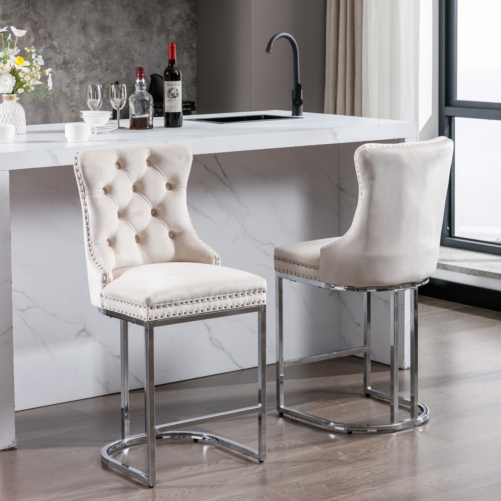 Luxury Elegant Nailhead Trim Tufted Velvet Bar Stools (Set of 2)