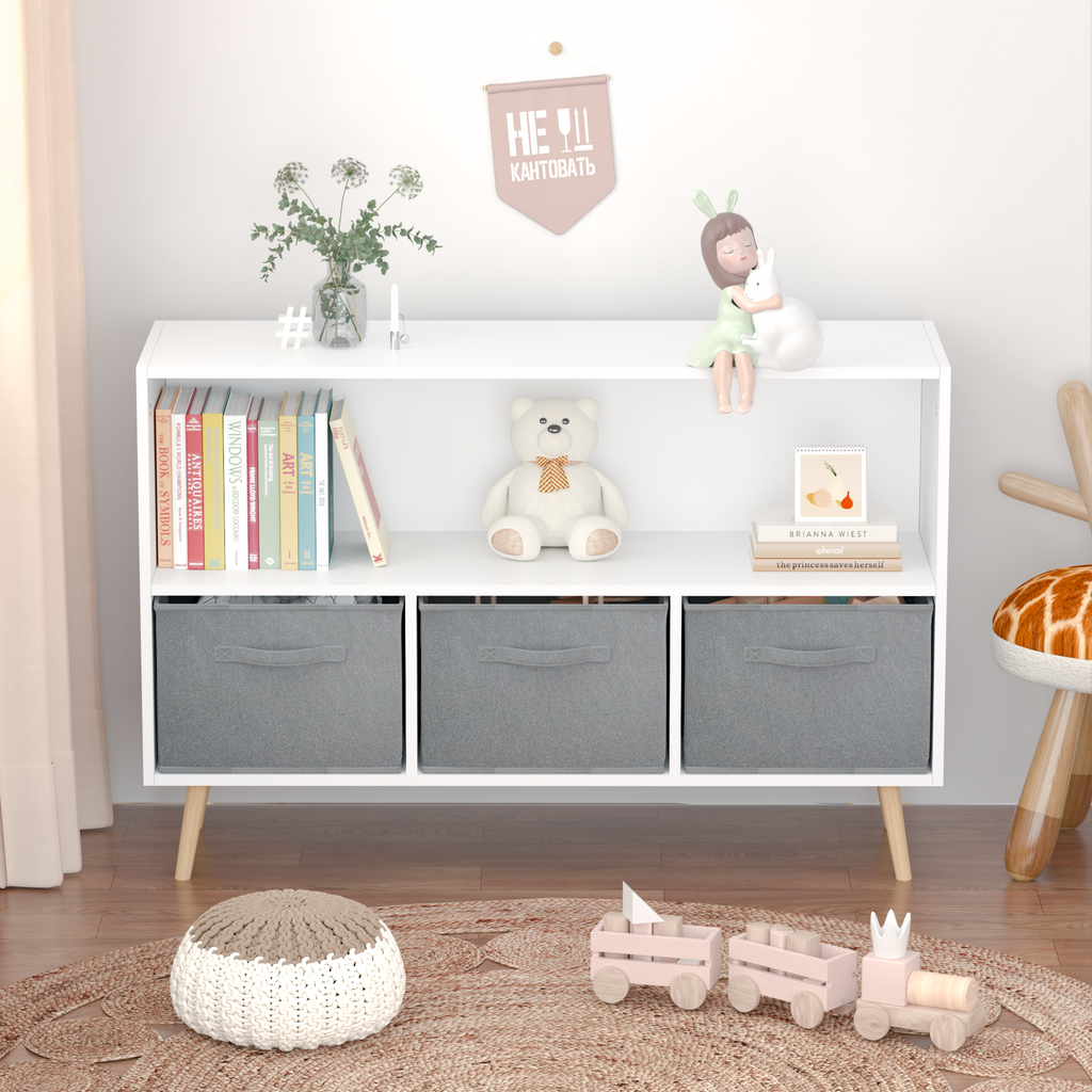 Children's Book Display Kids Bookcase with 3 Fabric Bins