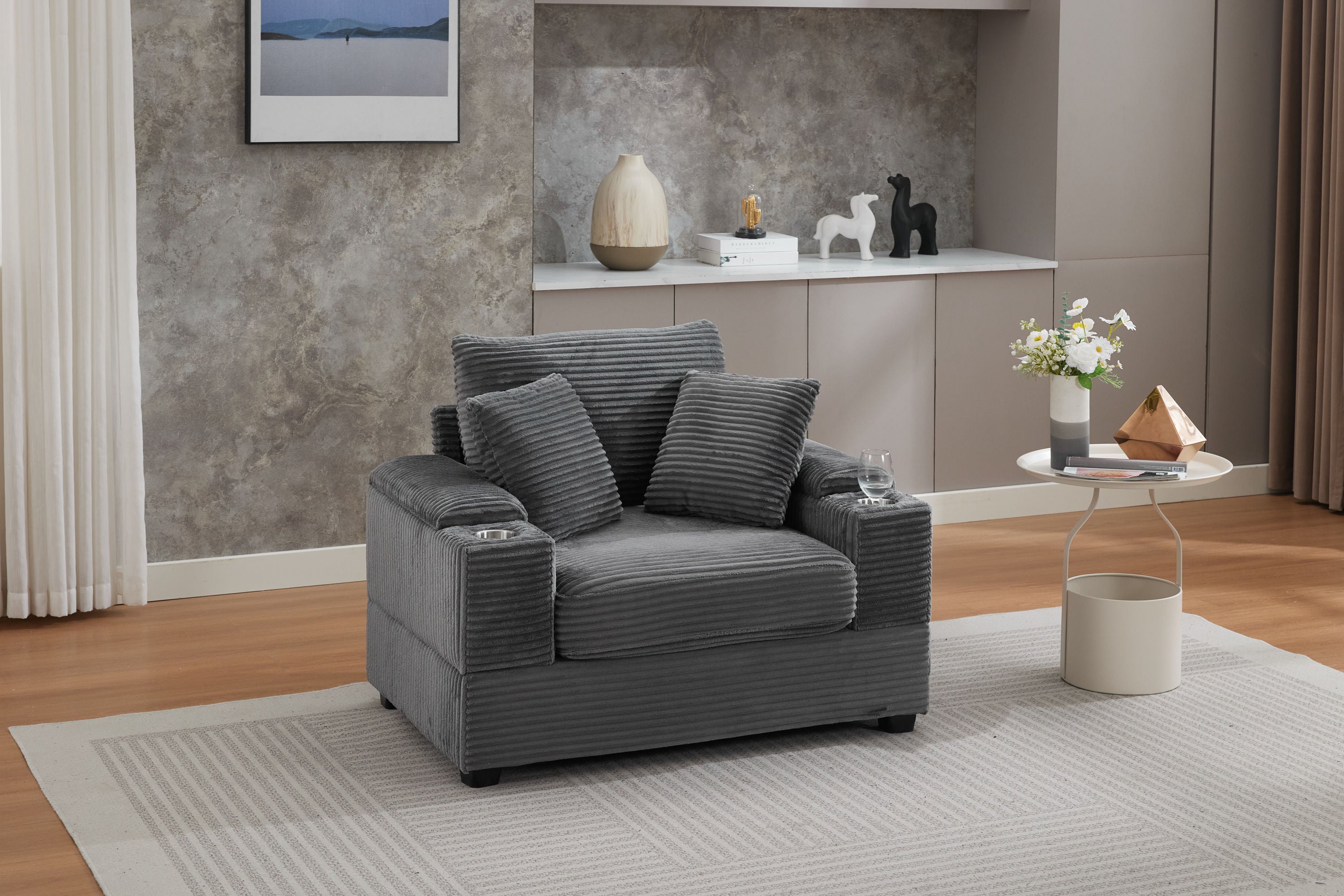 Corduroy Upholstered Chaise Lounge Sofa with Handrail Storage