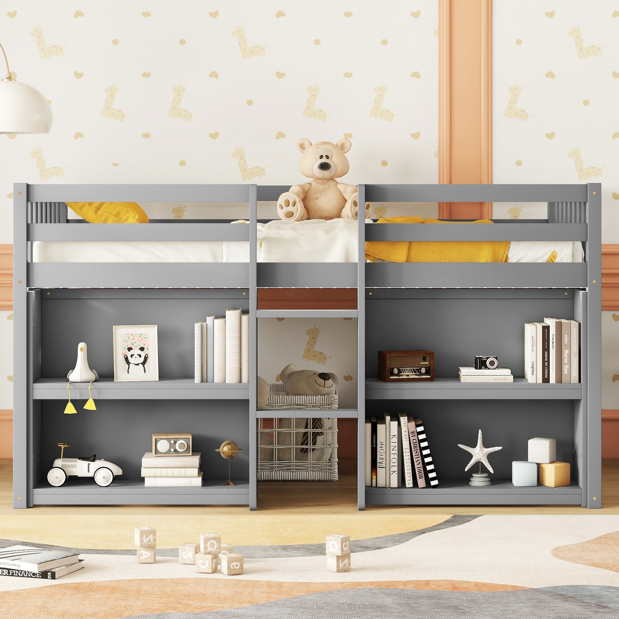 Twin Size Kid Low Loft Bed With Two-Tier Shelves