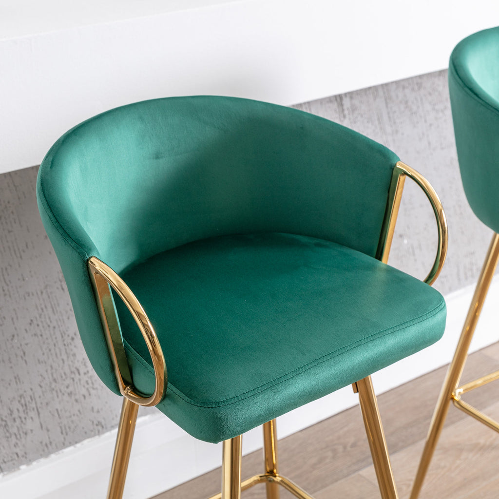 Velvet Bar Stools with Chrome Footrest and Base（Set of 2)