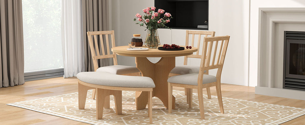 Rustic Charm Round Dining Set with 3 Upholstered Chairs