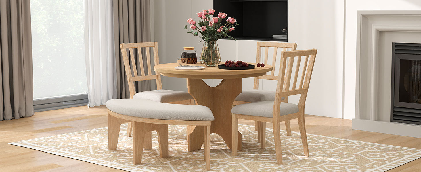 Rustic Charm Round Dining Set with 3 Upholstered Chairs