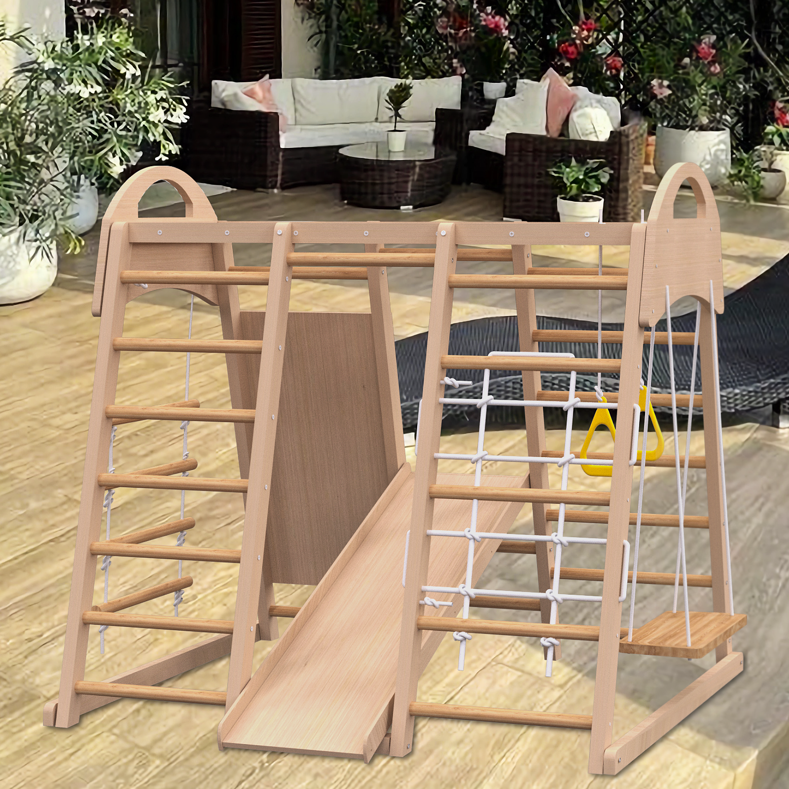 7 in 1 Indoor Playground Wood Jungle Gym Kids Slide Swing Climbing Wall Toy