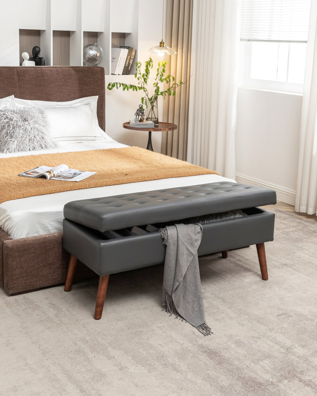 Brown PU Leather Storage Bench