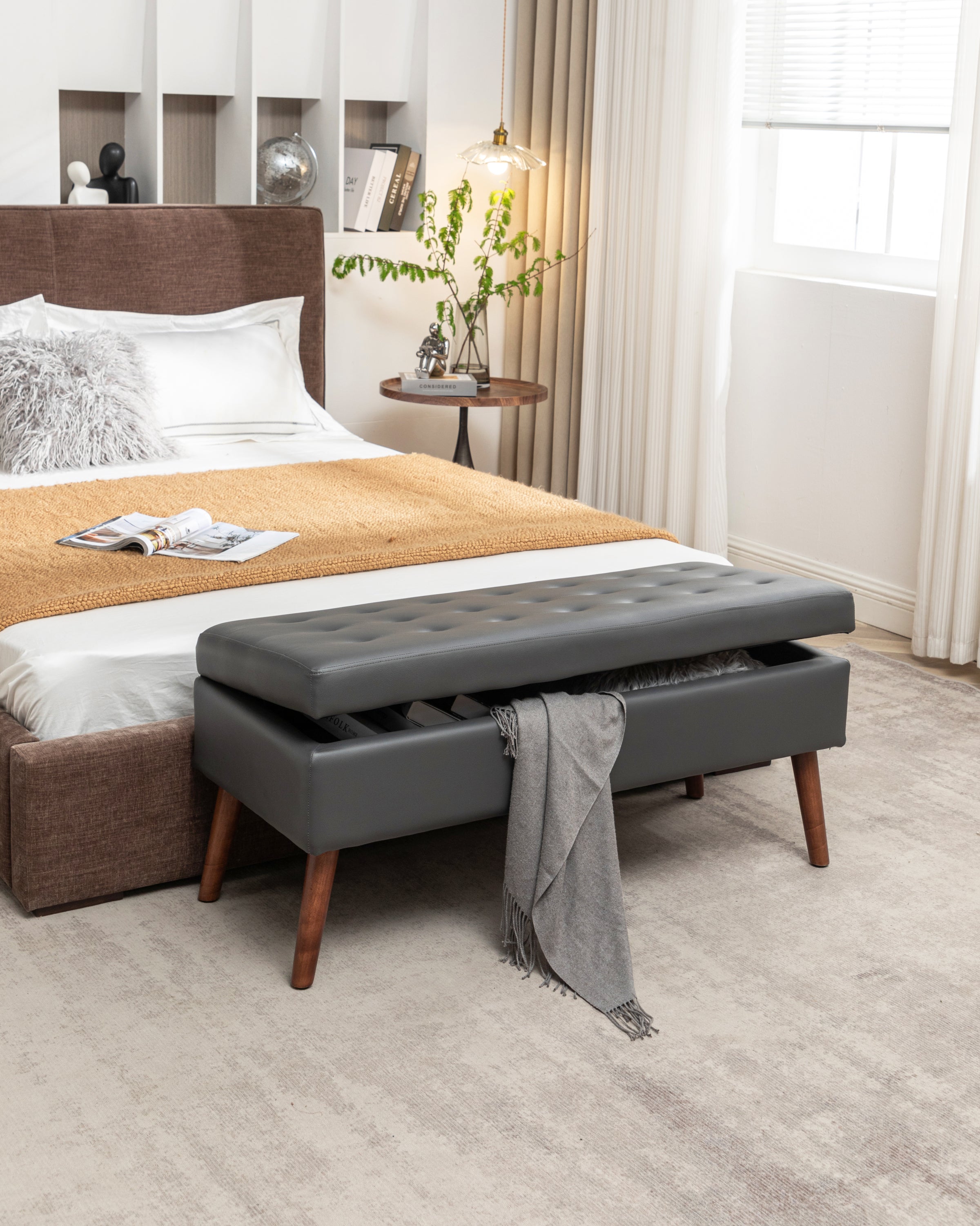Brown PU Leather Storage Bench