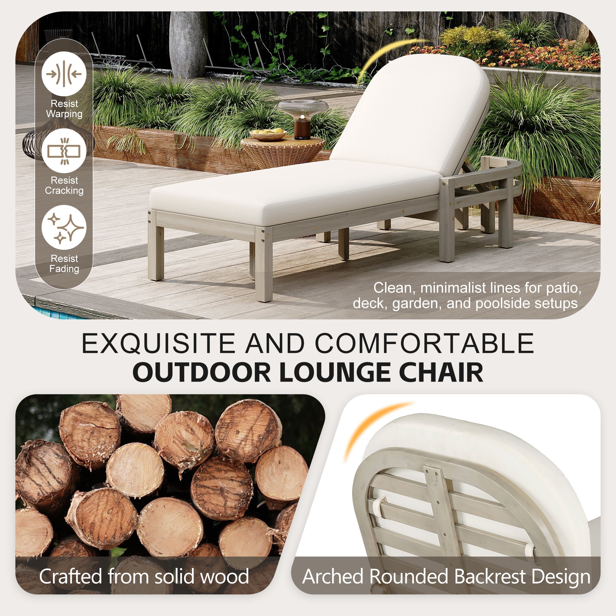 Acacia Wood Chaise Lounge Chairs 5-Position Adjustable Backrest for Patio Poolside
