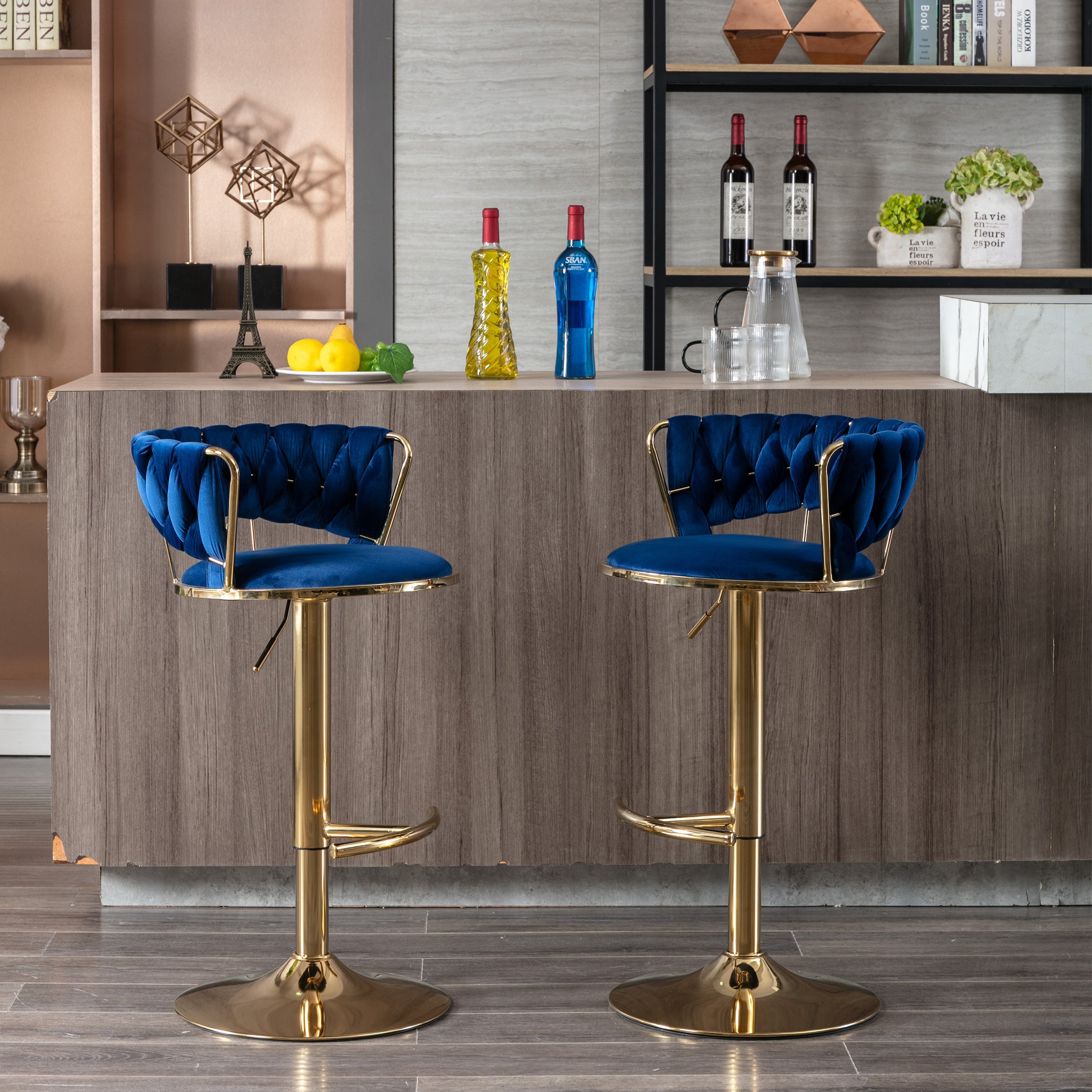 Swivel Height Adjustable Velvet Bar Stools with Golden Leg (Set of 2 )