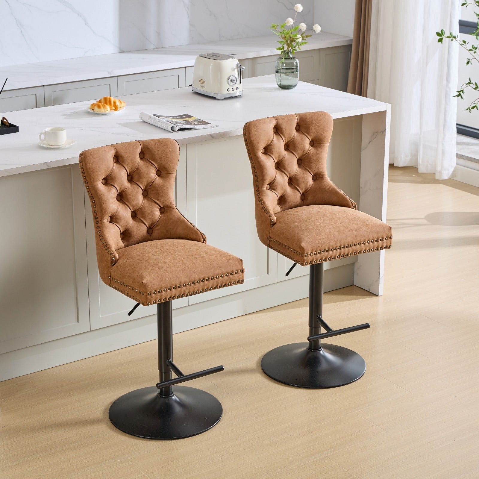 Aged and Retro PU Swivel Barstools Adjusatble Seat Height (Set of 2)