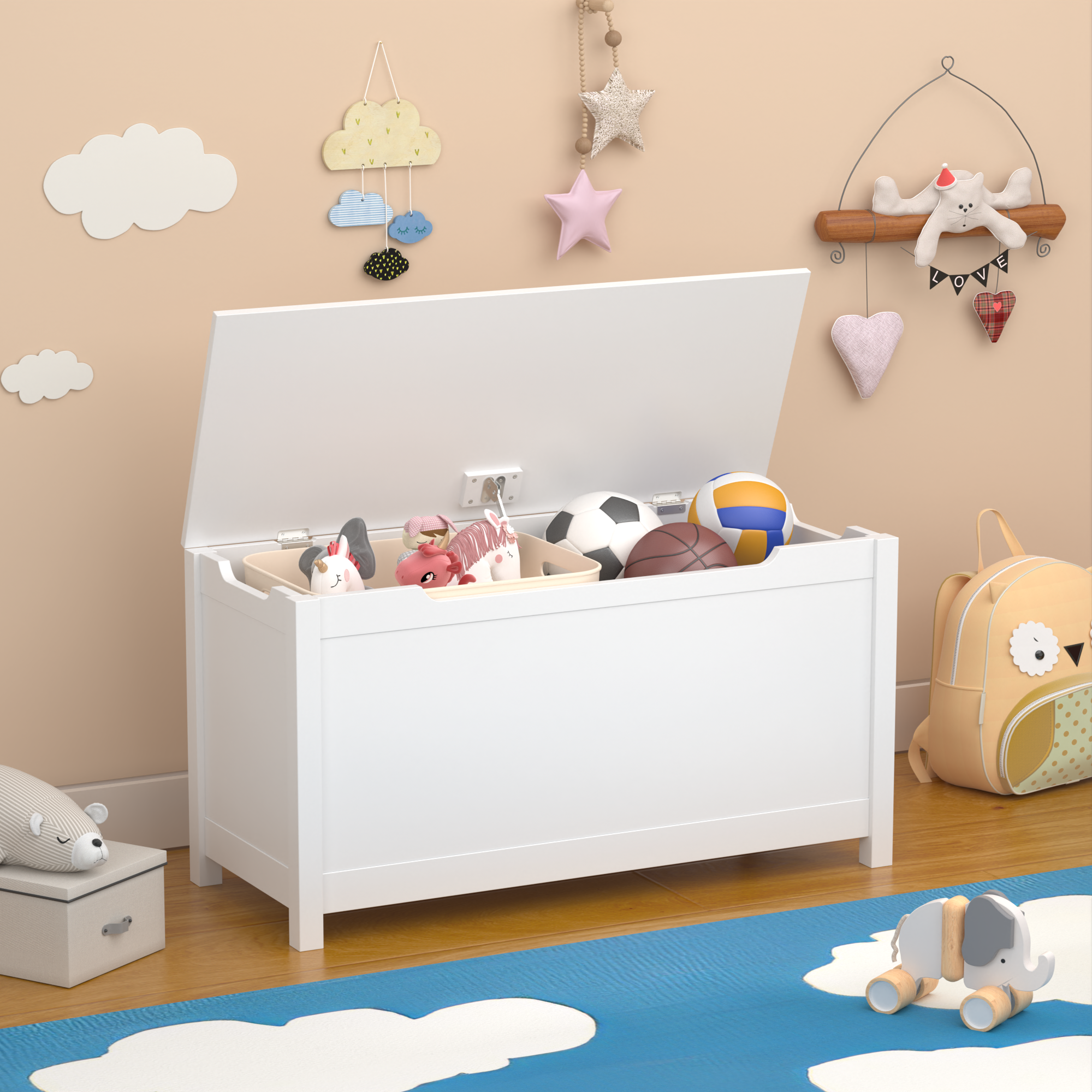 Kids Wooden Toy Box Storage with Safety Hinged Lid for Ages 2+