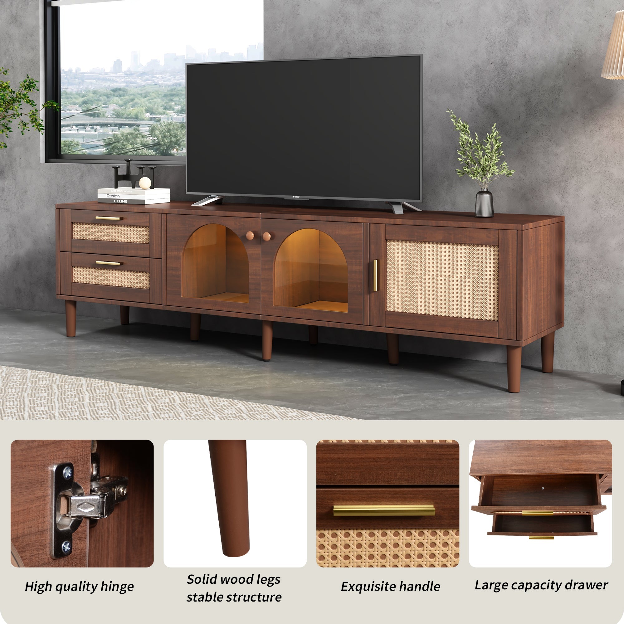 70" Rattan LED Light Entertainment TV Stand