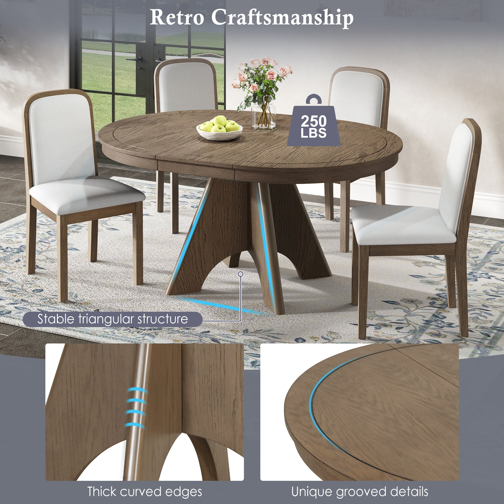 Vintage Extendable Dining Table Set with 4 Upholstered Chairs
