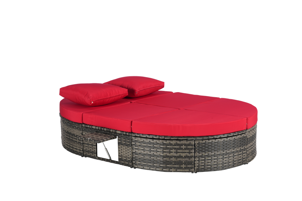 Round outdoor patio daybed with adjustable backrests foldable cup trays and cushioned wicker design ideal for backyard and poolside lounging