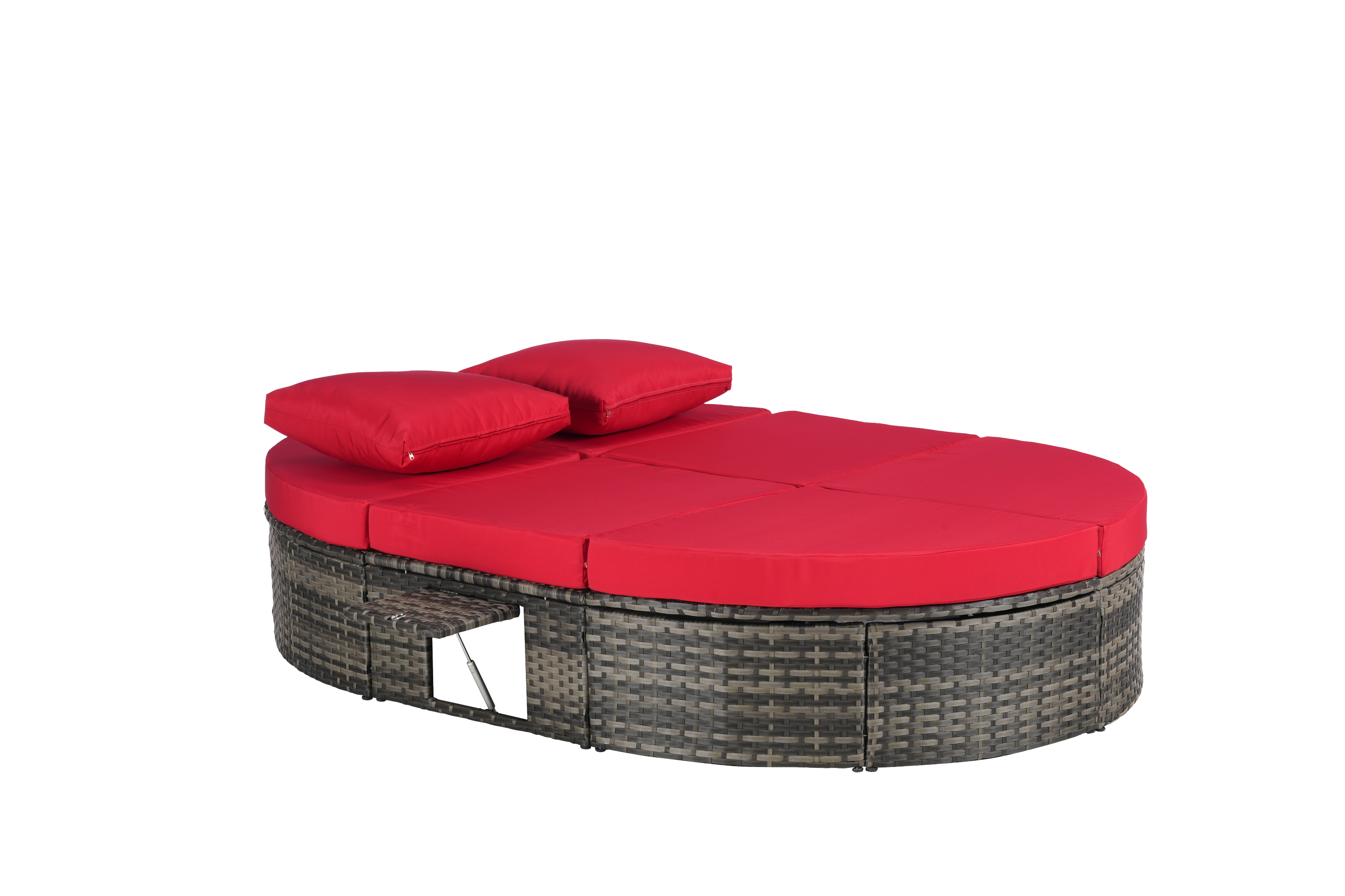 Round outdoor patio daybed with adjustable backrests foldable cup trays and cushioned wicker design ideal for backyard and poolside lounging