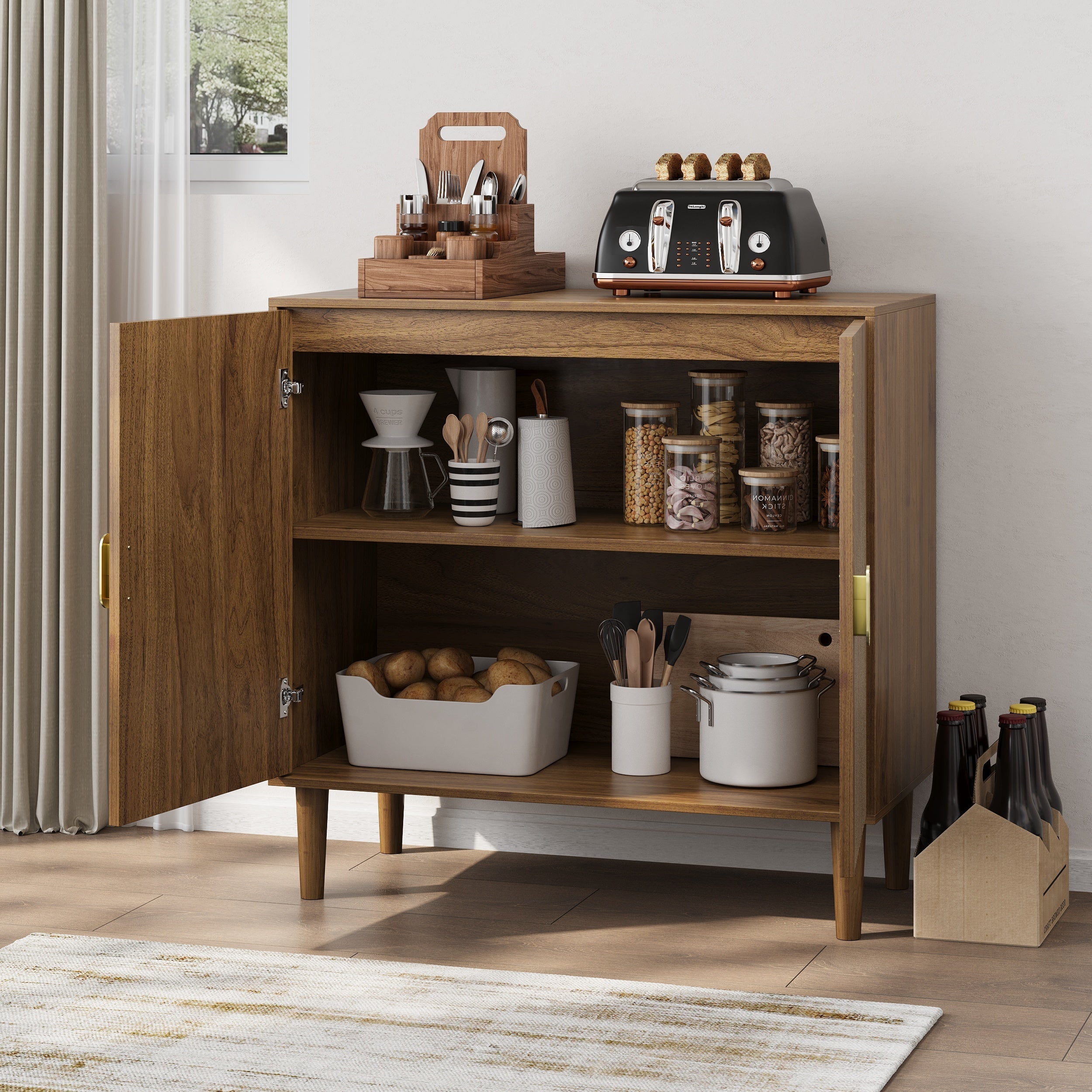 Walnut Wood Buffet Cabinet with Line Groove Design