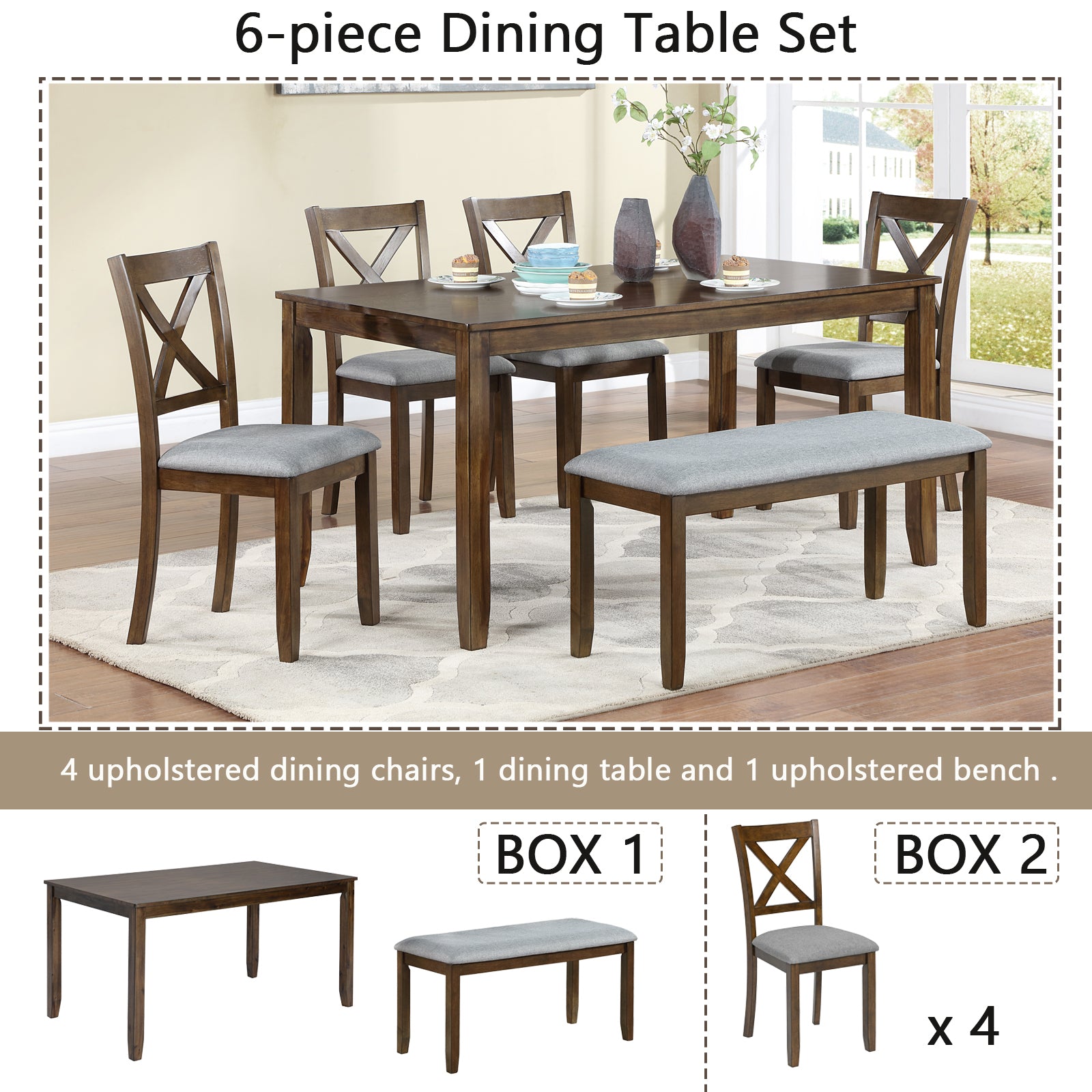 Rectangular Wooden Dining Table (Set for 6)